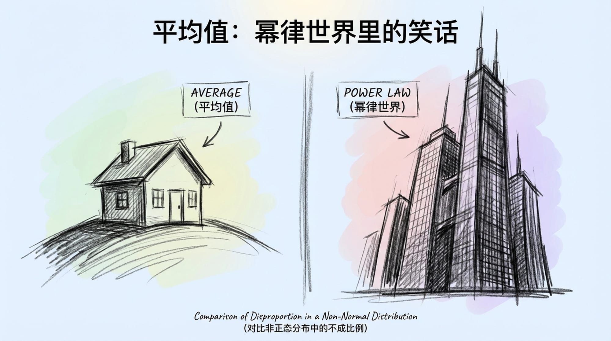 A tiny, isolated house far away from a majestic, towering skyscraper, depicting extreme disproportion and an irrelevant 'average'. Stark contrast. (Chinese)