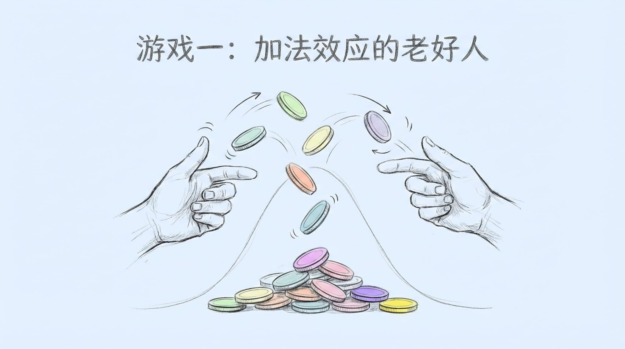 Hands flipping coins, coins landing in a balanced pile forming a subtle bell curve. Gentle, predictable. (Chinese)