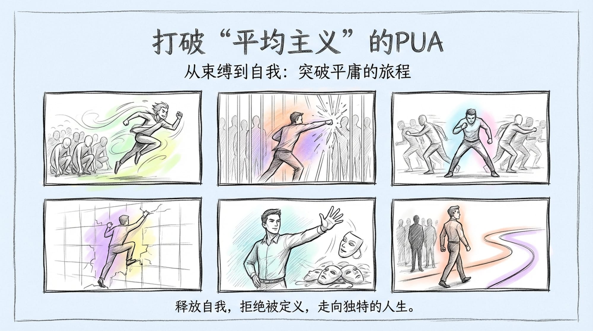 A single person breaking free from a crowd of identical figures, suggesting individuality and breaking norms. Dynamic movement. (Chinese)