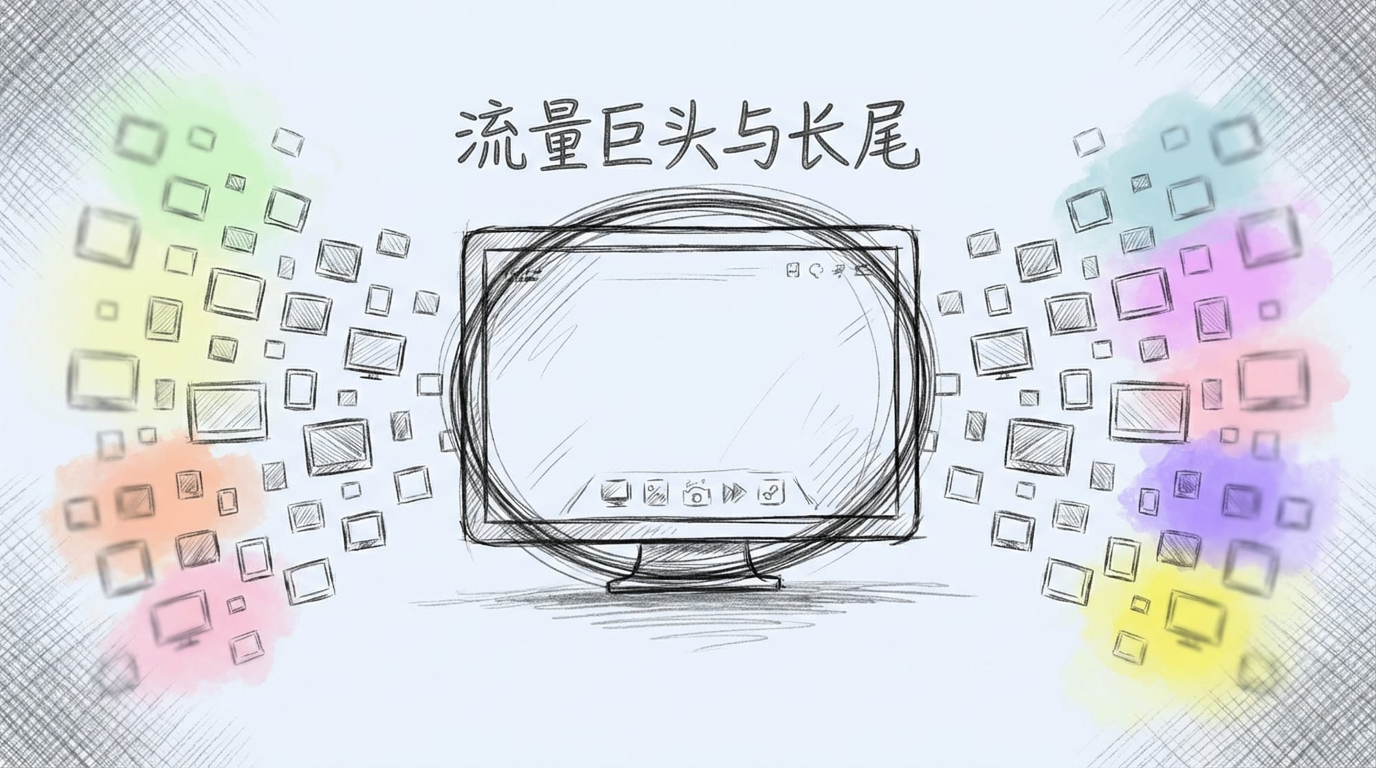 A massive, glowing central screen showing a popular YouTube video, surrounded by countless tiny, dark screens. (Chinese)