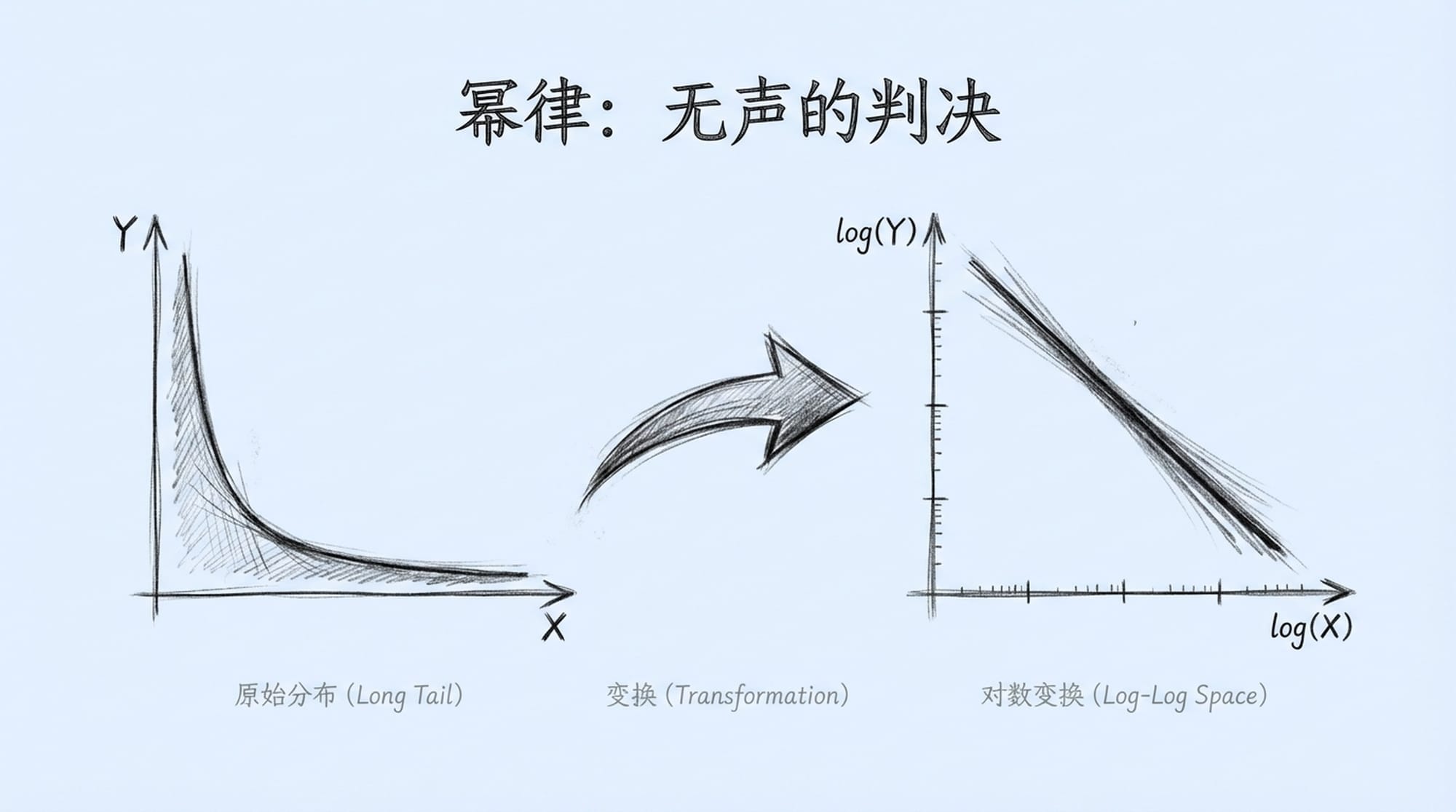A transformation visual: a skewed, long-tailed curve morphing into a straight line on a logarithmic scale. Subtle, powerful. (Chinese)