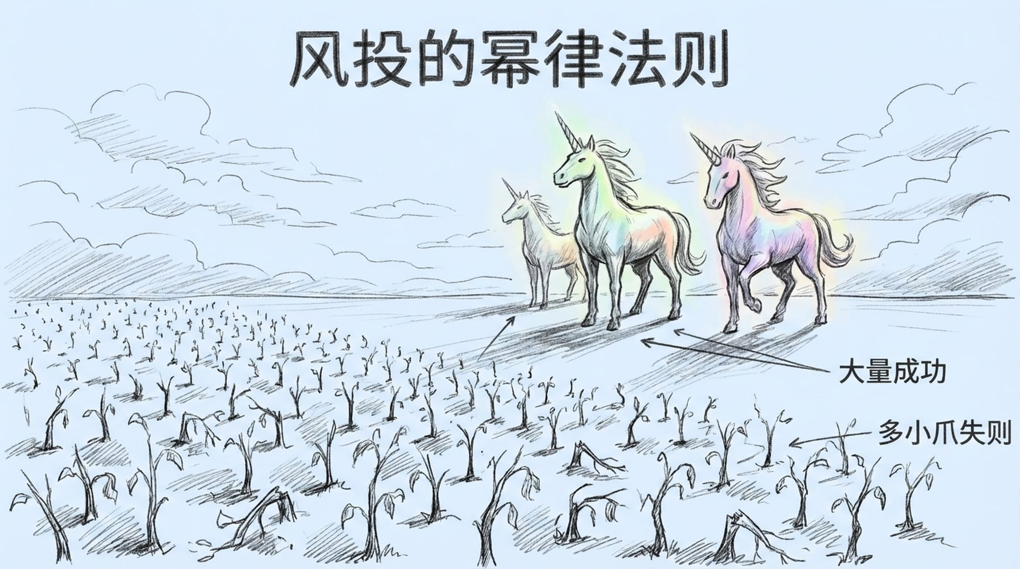 A few shining 'unicorn' statues towering over a field of many small, failed saplings. Visualizing the venture capital model. (Chinese)