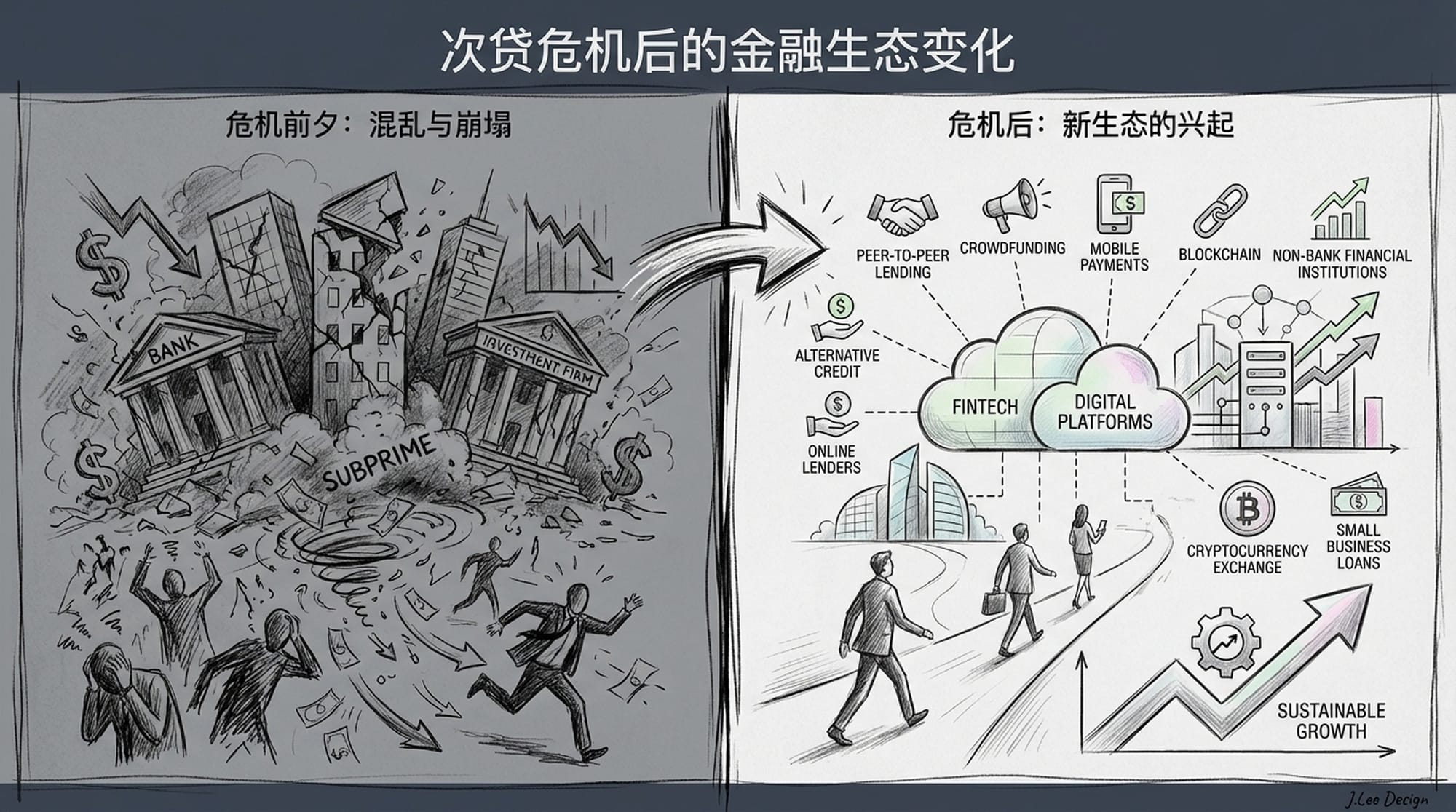 Split screen: Left side shows crumbling financial buildings and panic in 2008, right side shows sleek, modern non-bank institutions emerging from shadows, connecting with small businesses. Time-lapse effect.