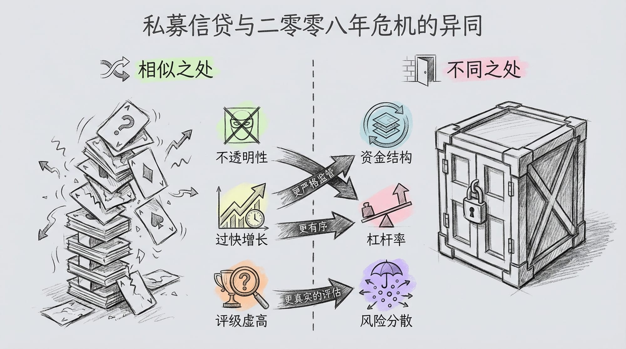 A dynamic comparison chart, one side representing the 2008 crisis (fragile stack of cards), the other representing private credit (a securely locked chest). Key differences are highlighted with glowing lines.
