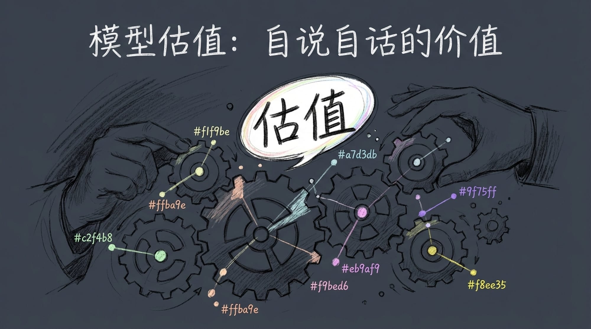 A complex, abstract 3D model of interlocking gears and data points, with a single, glowing 'valuation' number floating above it. Hands adjusting unseen parameters in the background.