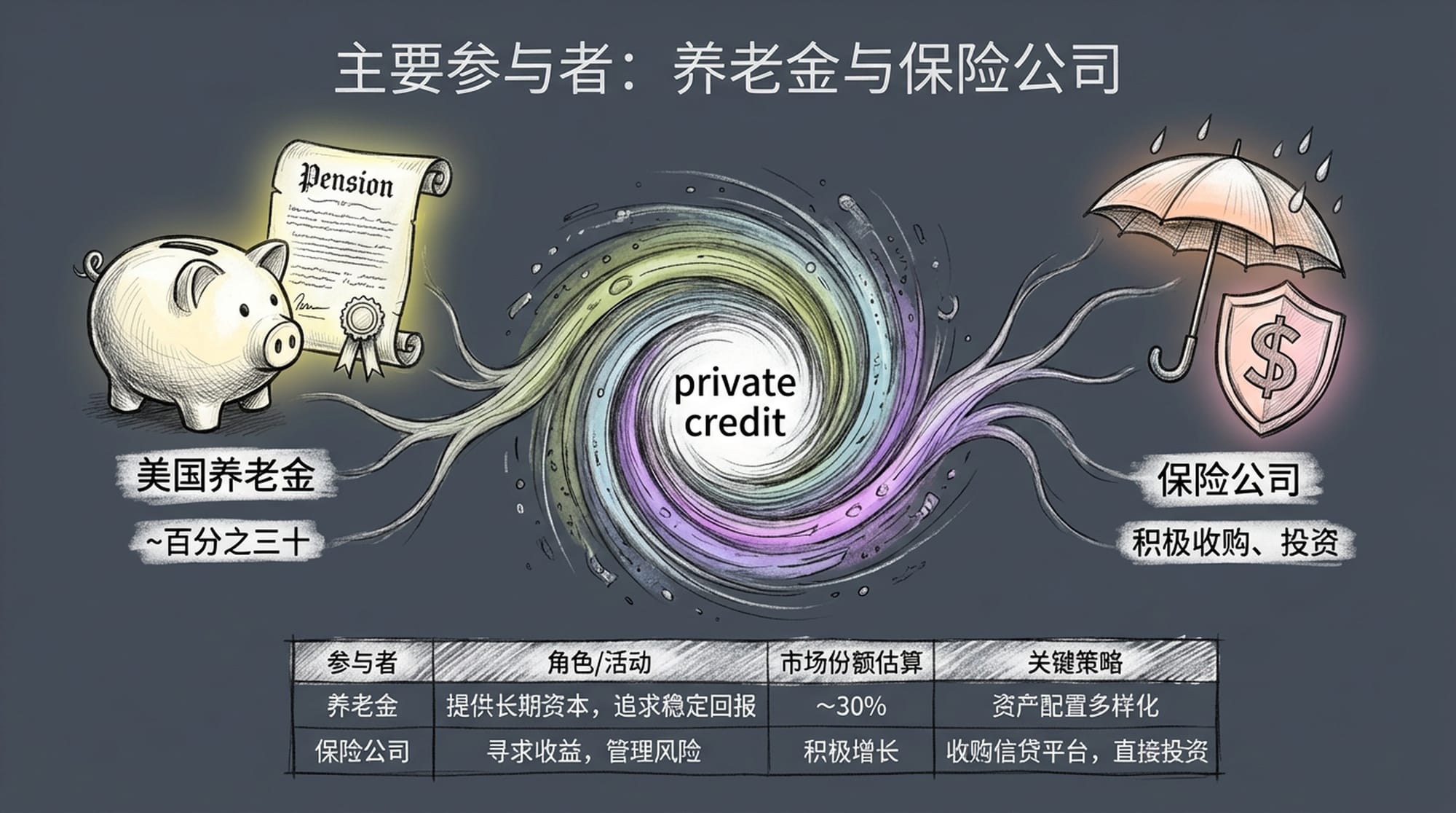 Iconic representations of retirement savings (piggy bank, pension scroll) and insurance policies (umbrella, shield) funneling into a stylized 'private credit' vortex. Secure yet mysterious.