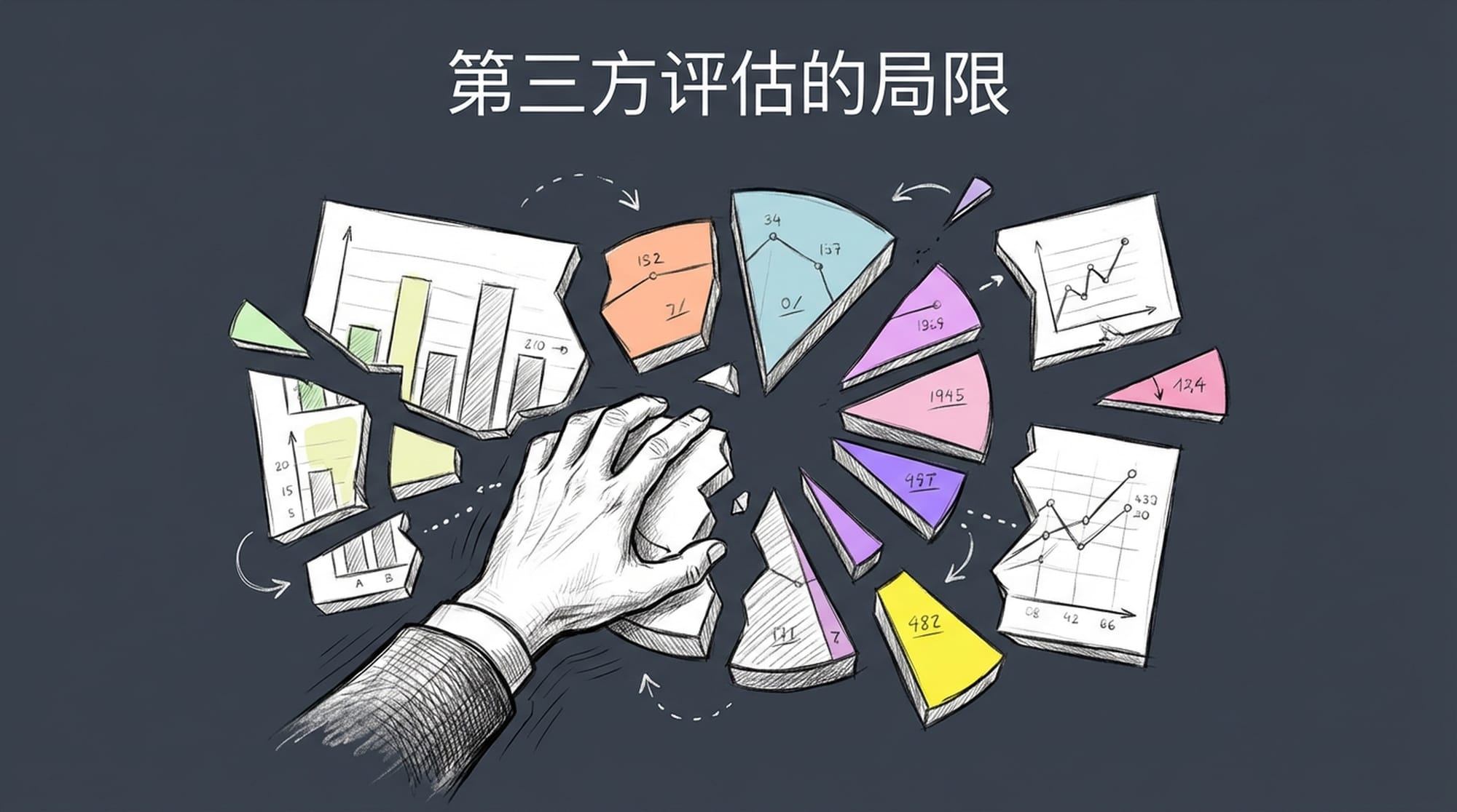 A fragmented chart, pieces of data floating disconnected, symbolizing incomplete and lagging information. A hand attempts to piece it together, but gaps remain.