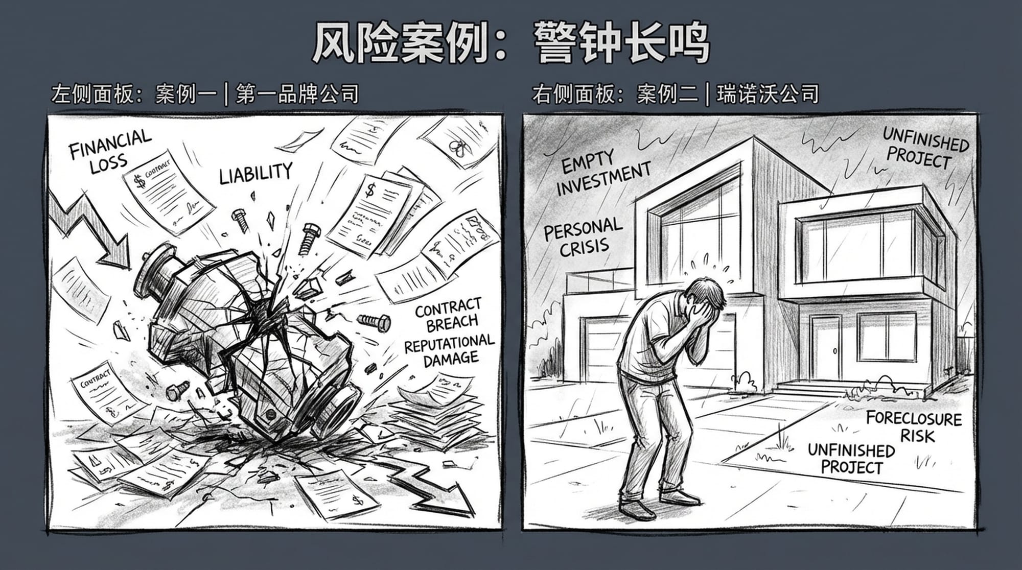 Two distinct panels. Left: A shattered car part with financial documents scattered around. Right: A distressed homeowner in front of a modern but empty house. Both scenes convey sudden loss.