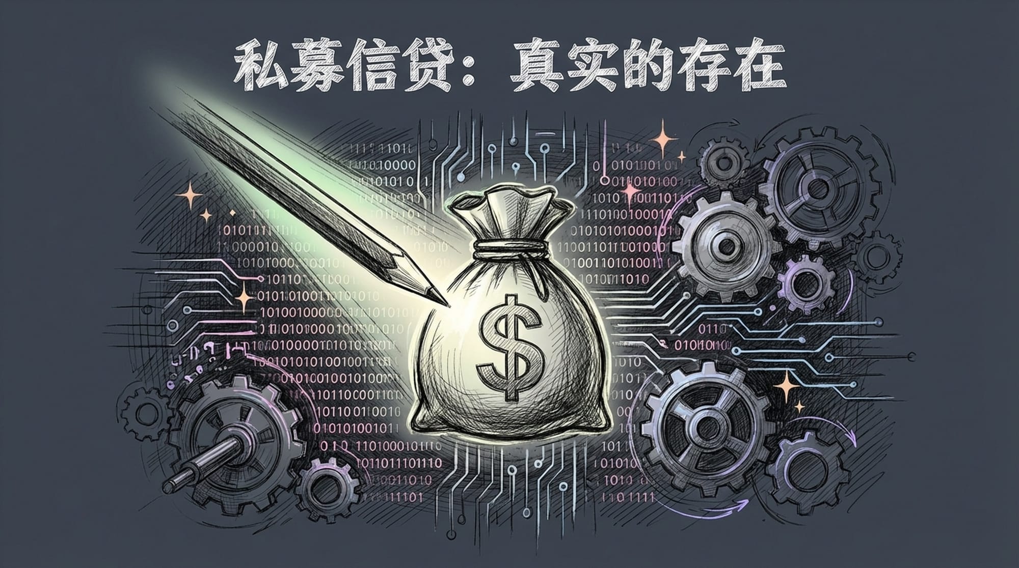 A spotlight illuminates a complex, stylized money-bag icon, surrounded by abstract digital code and subtle gears, representing a financial mechanism. Dark, enigmatic atmosphere.