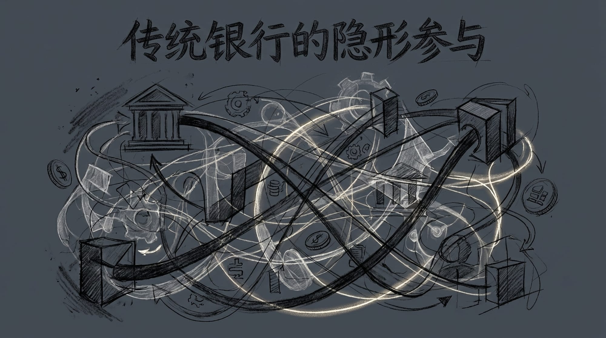 A tangled web of interconnected lines representing complex financial relationships between traditional banks and private credit funds. Some lines are glowing, others are dark and opaque.