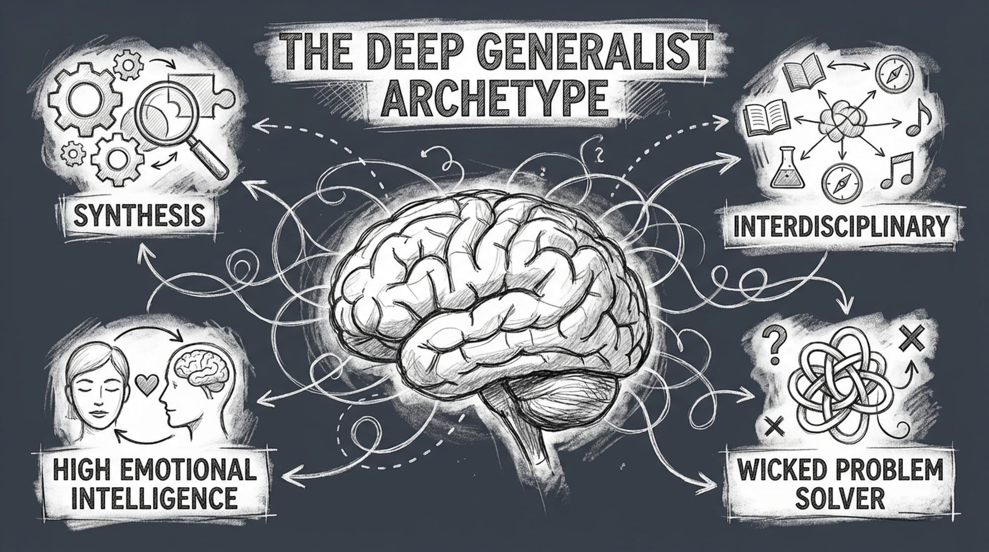 Stylized brain graphic with diverse knowledge domains