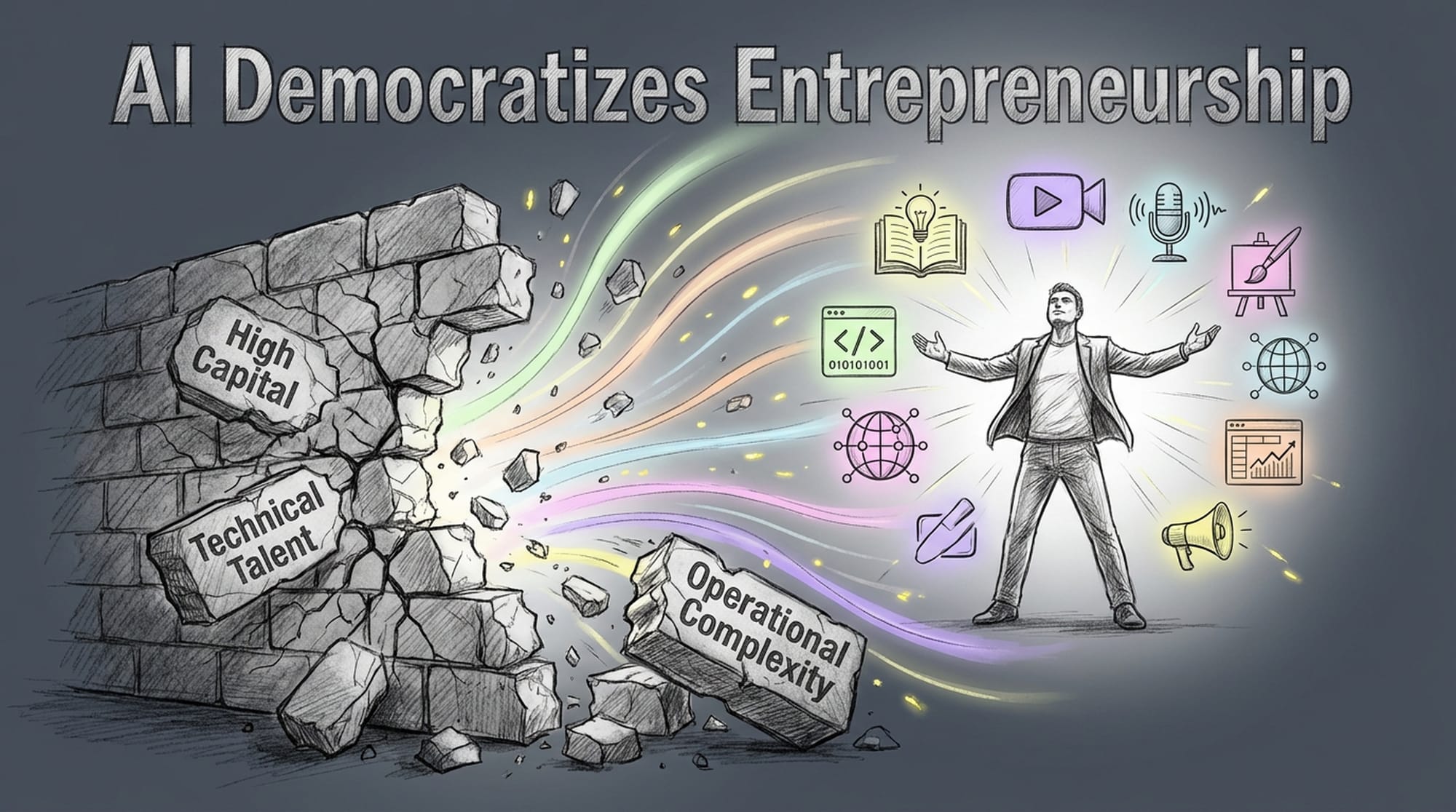 Crumbling wall shattered by glowing lines of light and data