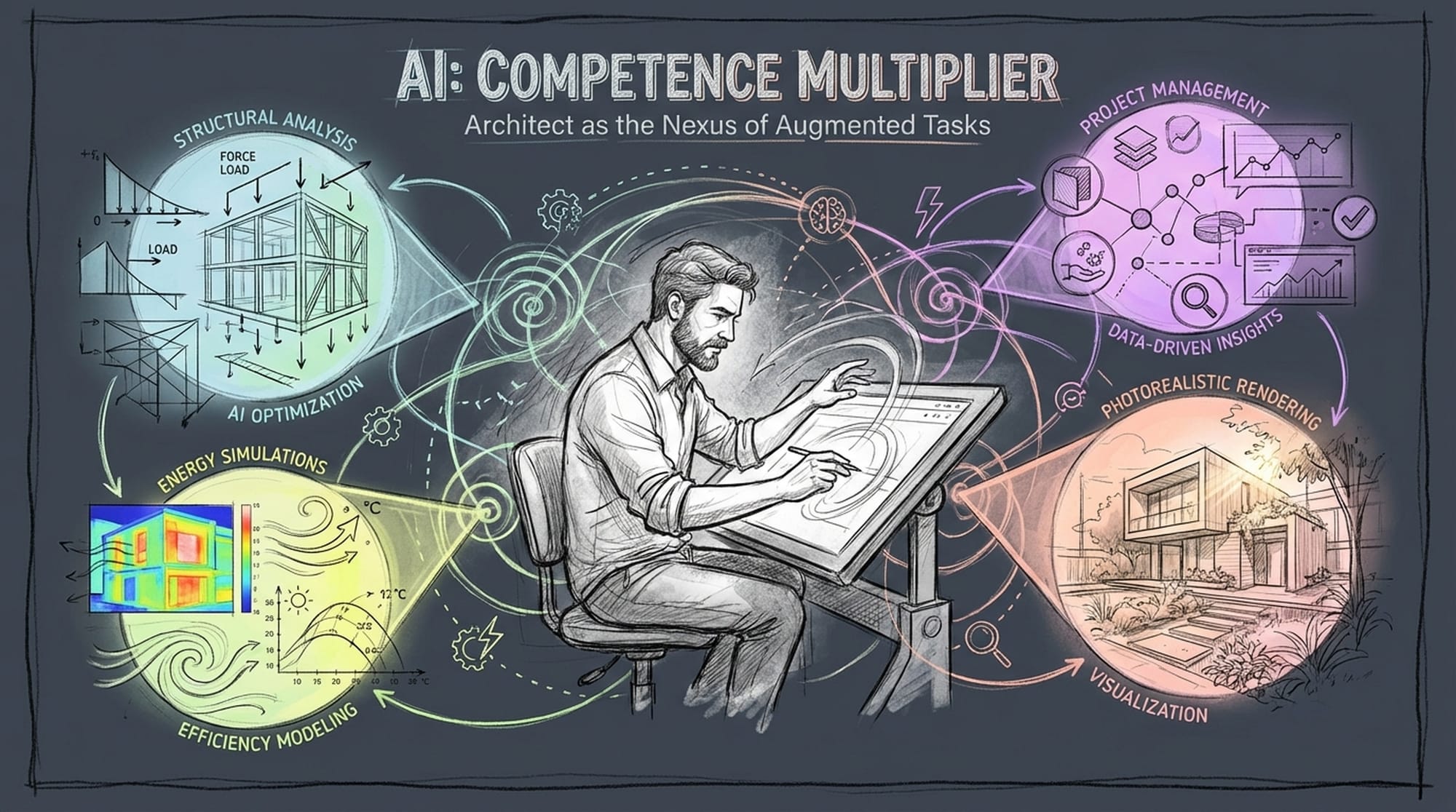 Architect at a digital drafting table surrounded by holographic projections