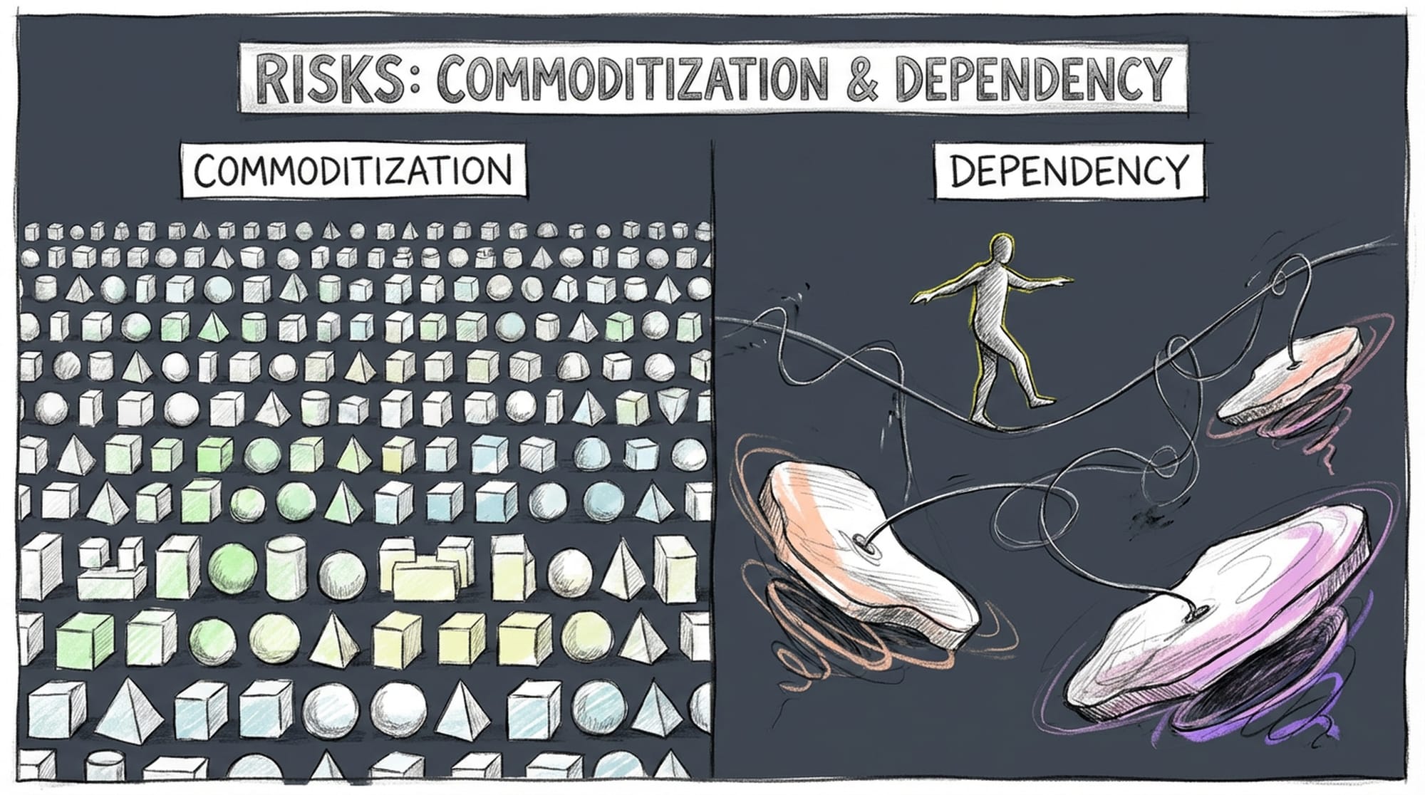 Two separate panels showing commoditization and platform dependency