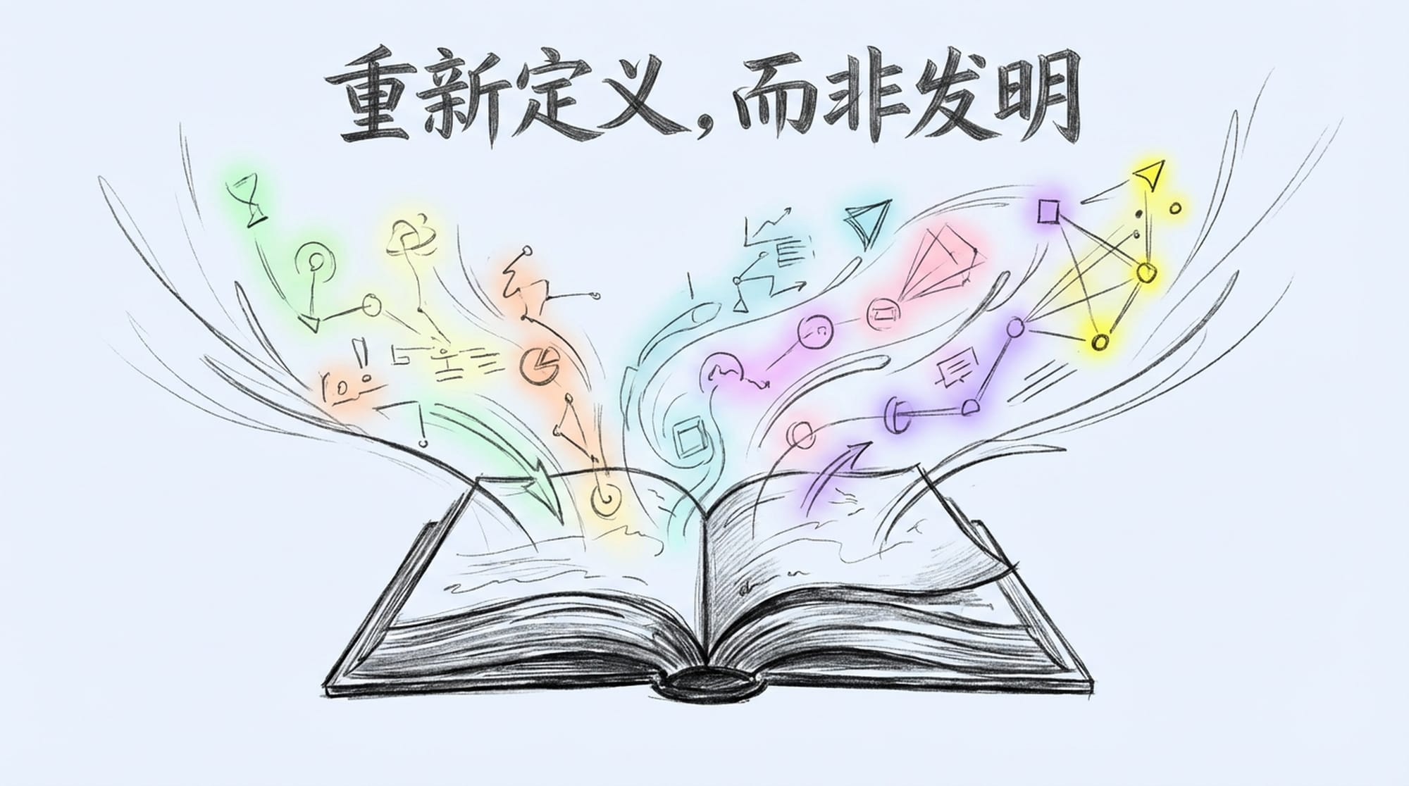 一本打开的书，里面有发光的动态符号和思想从中流淌而出，重新排列成新的、优化的配置。