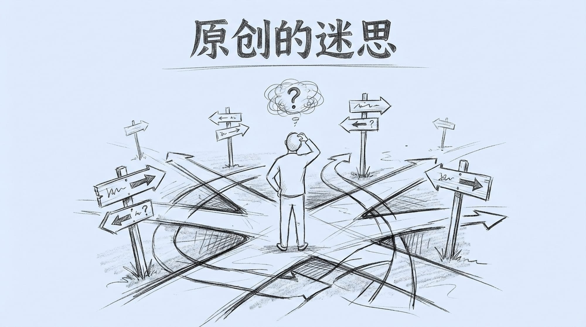 一个在十字路口迷茫的人，周围是众多复杂指向的标志。