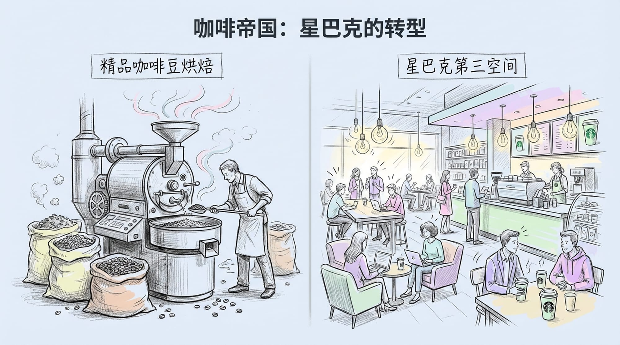 左侧是一个质朴的传统咖啡豆烘焙场景，经典而富有匠心。右侧是一家繁忙的现代化星巴克门店，顾客众多，着重于社交氛围和品牌体验。