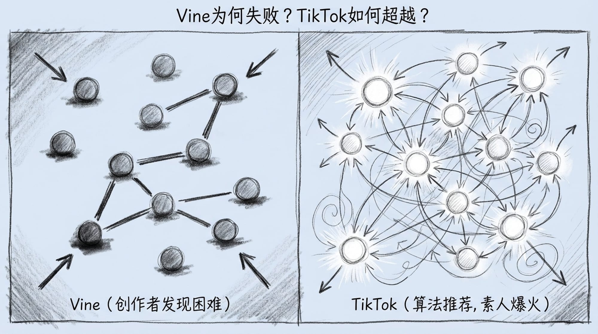 左侧显示一个光线昏暗、停滞不前的社交网络图，其中有孤立的节点（代表 Vine 的创作者发现问题）。右侧显示一个光线明亮、互联互通、动态变化的社交网络，其中有发光的路径（代表 TikTok 的算法）。
