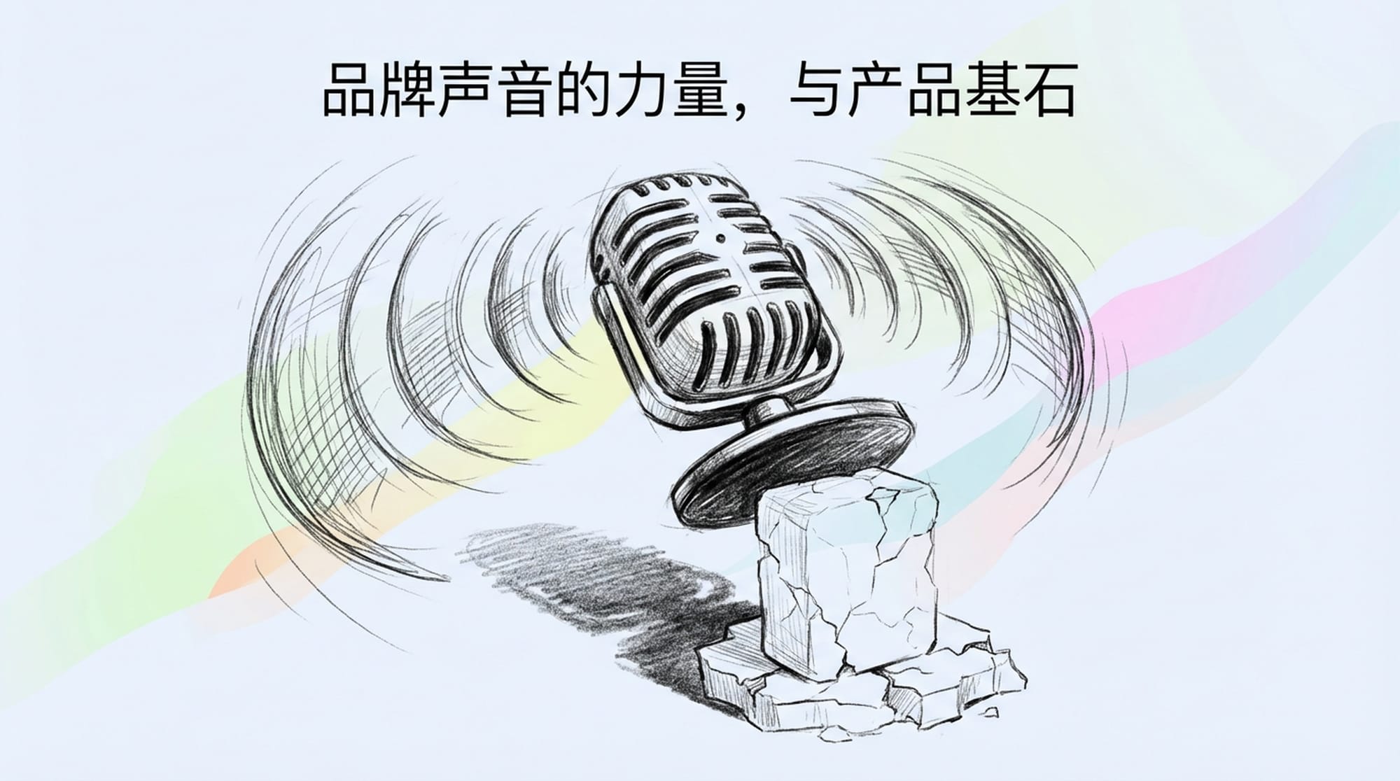 一个强大的麦克风正在放大一个强烈的品牌信息，下方放置着一个脆弱、破裂的产品。