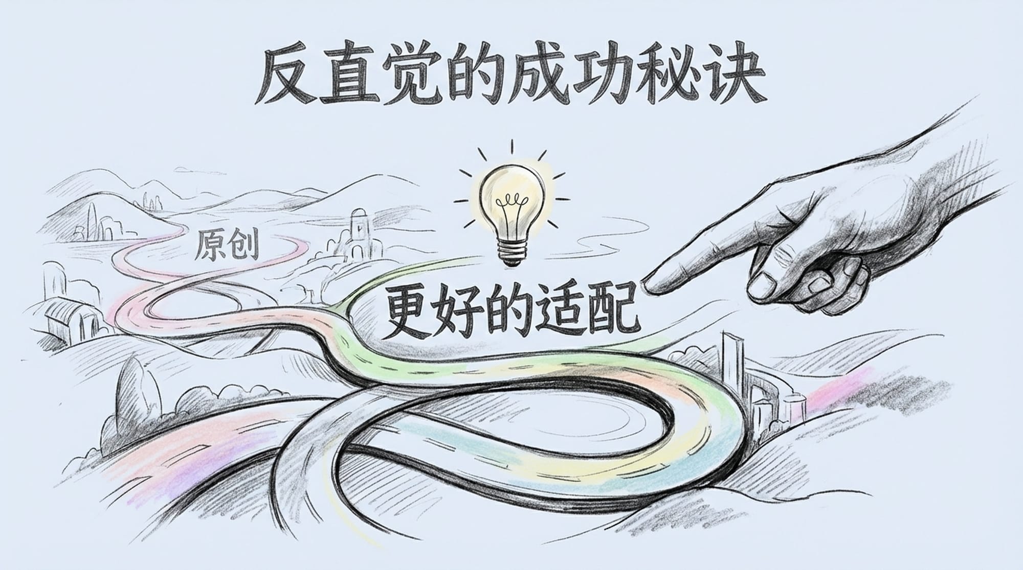 插图展示一条蜿蜒的道路，其中出现了捷径。一只手指着一条标有“Better Adaptation”的道路，而不是“Original Creation”。“Better Adaptation”道路上方有一个灯泡符号。