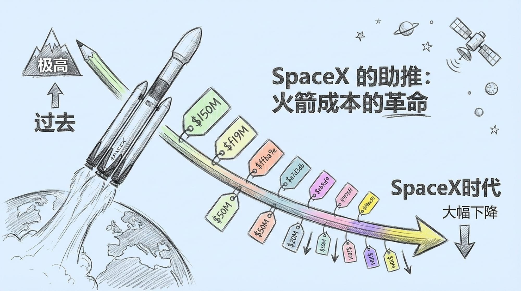 SpaceX 火箭发射，成本随时间降低