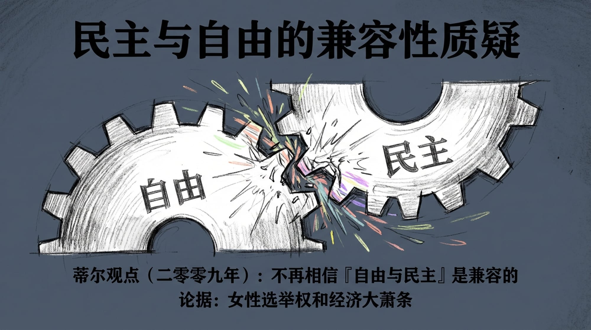 两个抽象齿轮，一个标有“自由”，另一个标有“民主”，显示错位或碰撞，产生火花