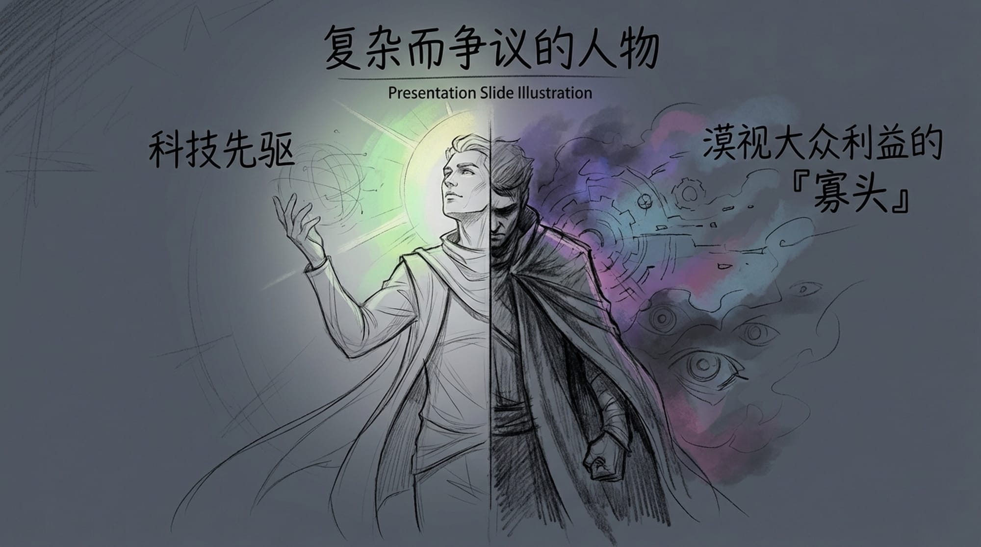 一张彼得·蒂尔的分割肖像；其中一侧将他描绘成一个有远见的人，闪耀着创新思想，另一侧则显示一个更不祥、有阴影的人物，周围环绕着质疑的目光