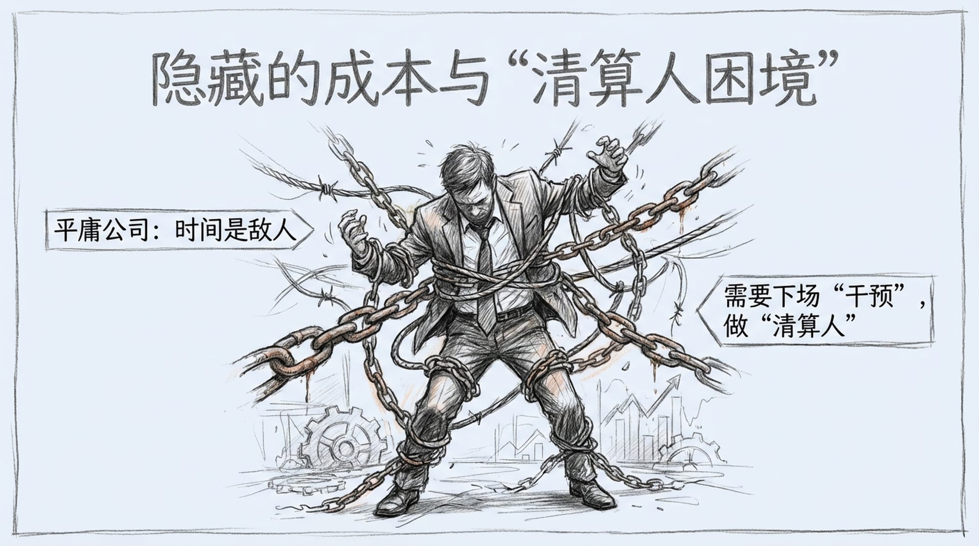 Image of tangled, rusty chains or wires restricting a struggling businessman