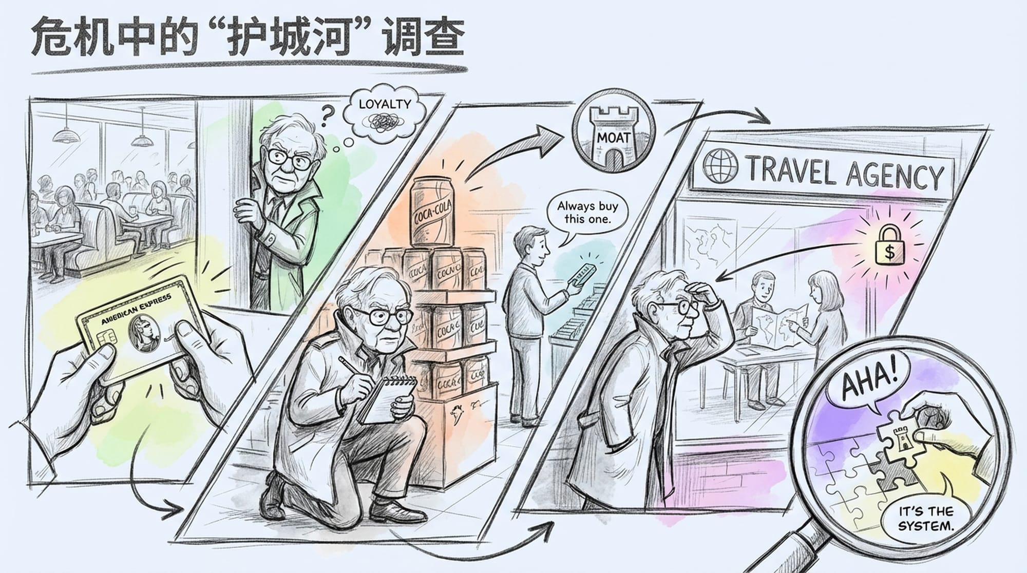 Buffett-like figure discreetly observing people using American Express cards