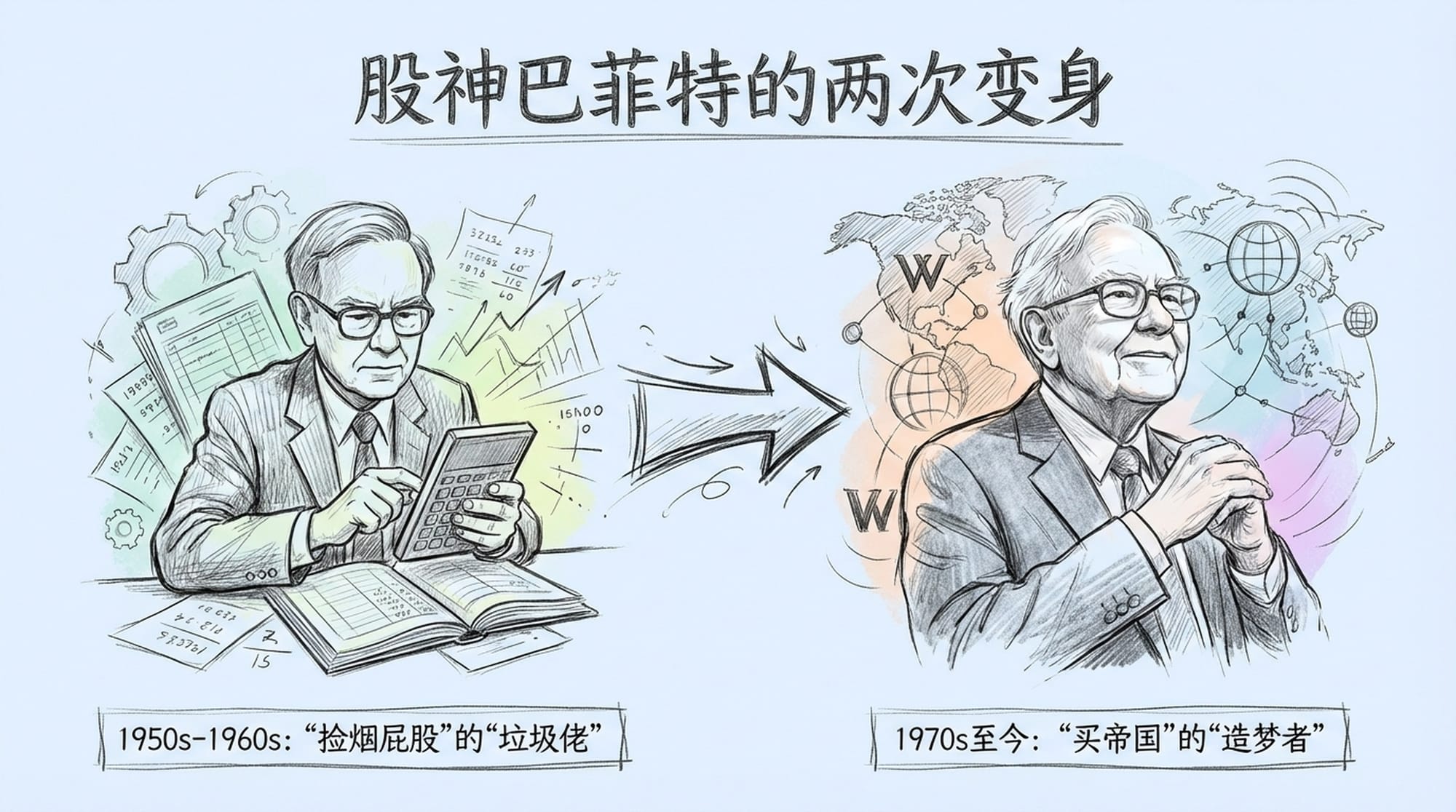 Timeline with two contrasting portraits of Warren Buffett
