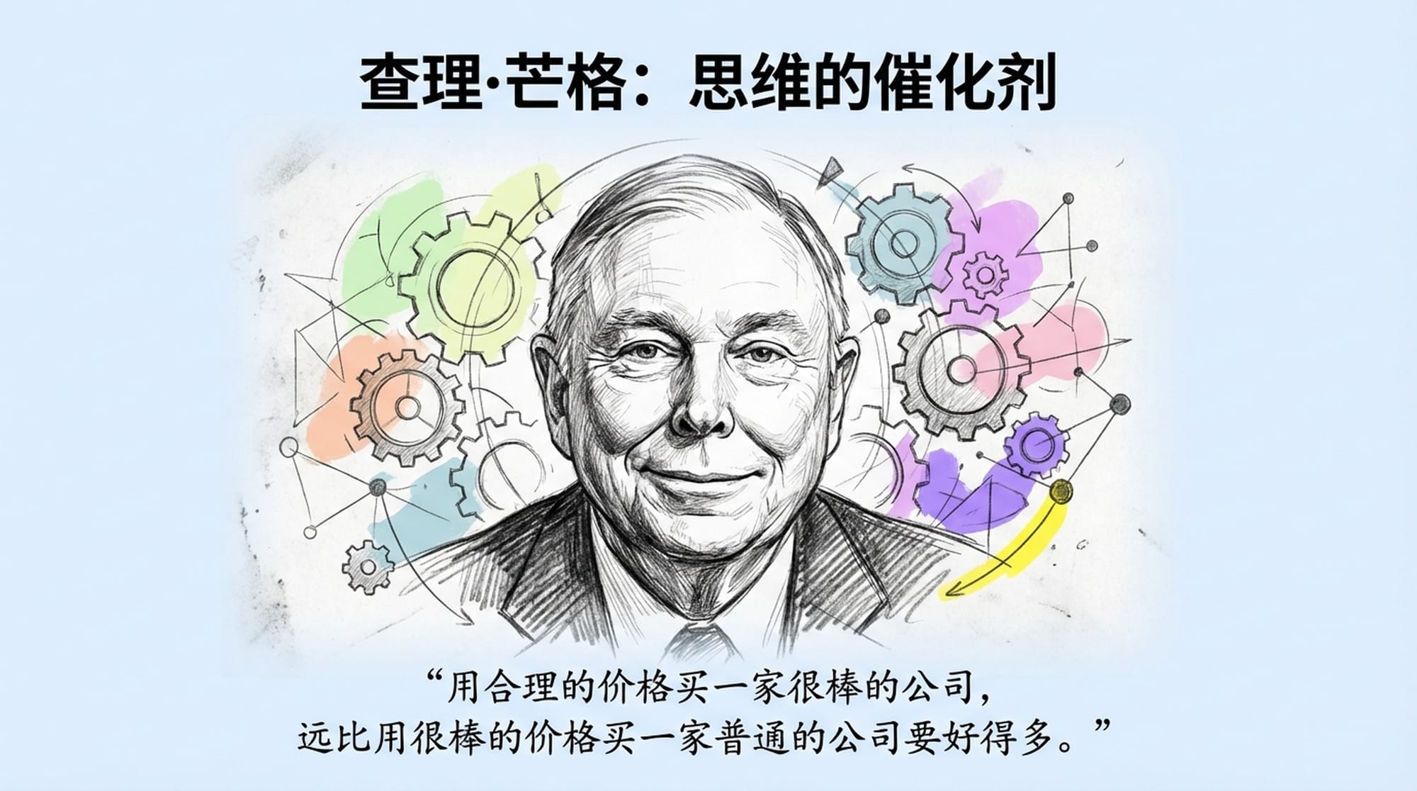 Portrait of Charlie Munger with a wise, knowing smile