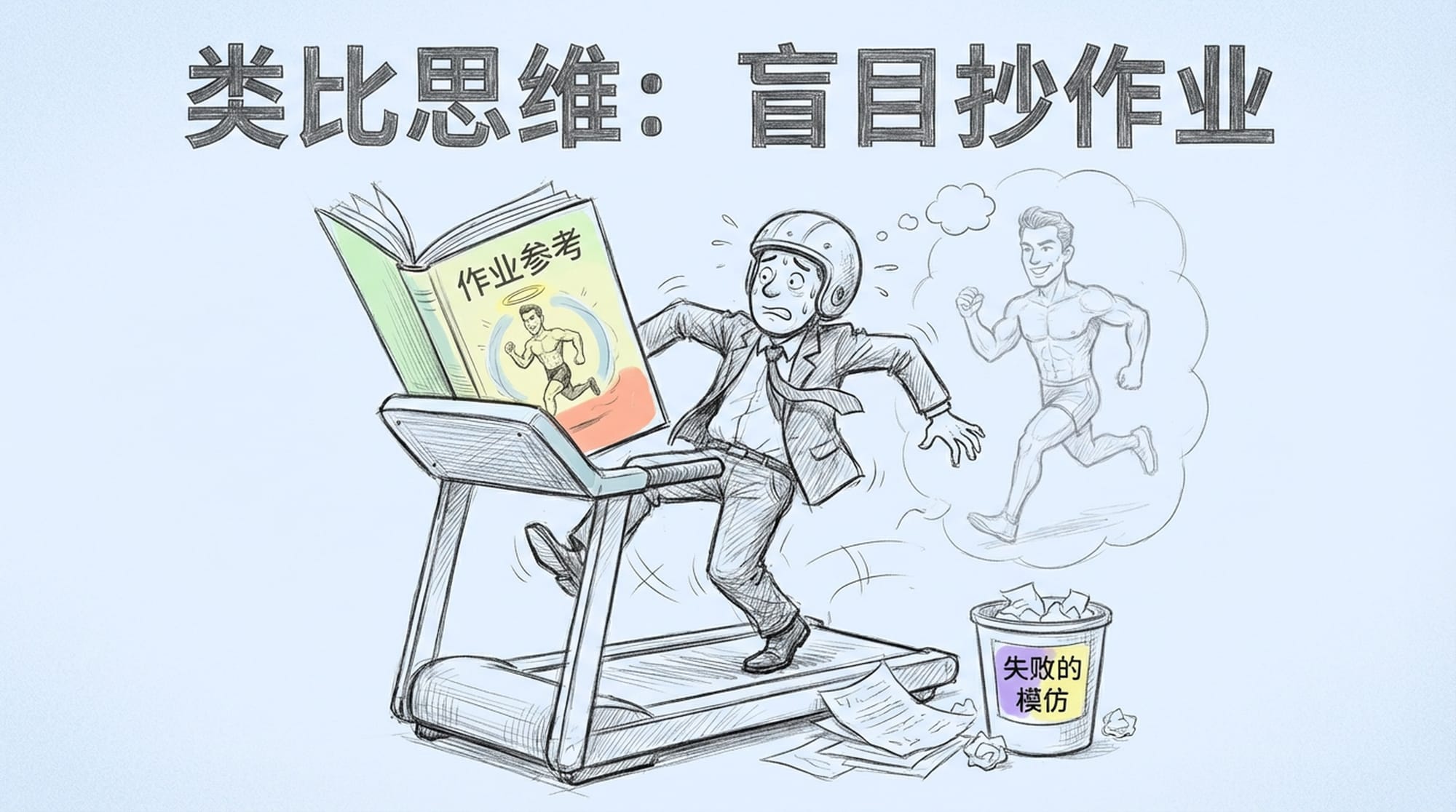 一个人拿着一本教科书，试图在跑步机上模仿明星的减肥动作，但动作笨拙，效果不佳。旁边有模糊的明星照片。色调显得讽刺。