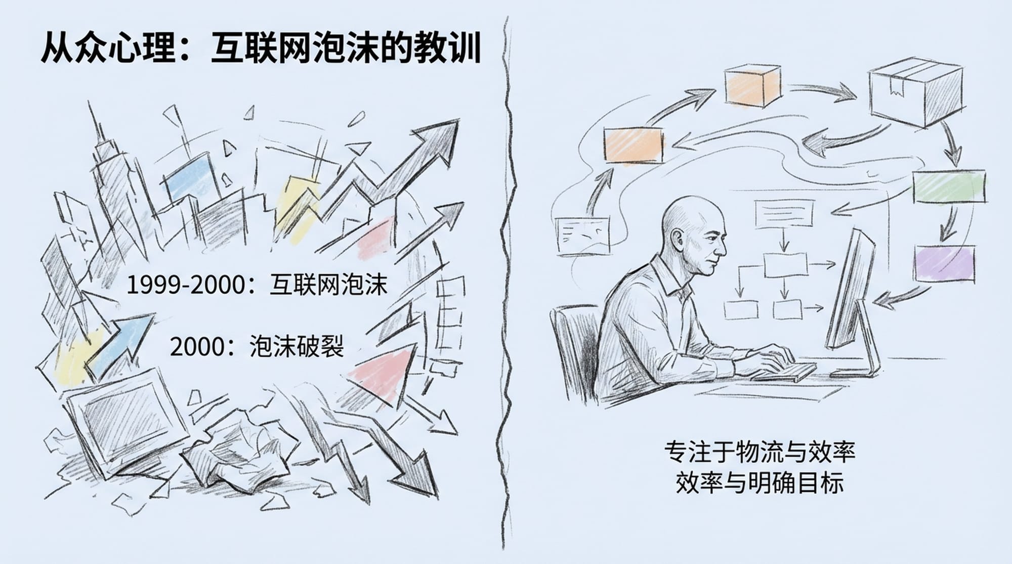 2000年互联网泡沫时期，人们盲目追逐泡沫股票，最后泡沫破裂，留下残垣断壁。贝索斯站在一旁，眼神坚定，专注于亚马逊物流。形成鲜明对比。
