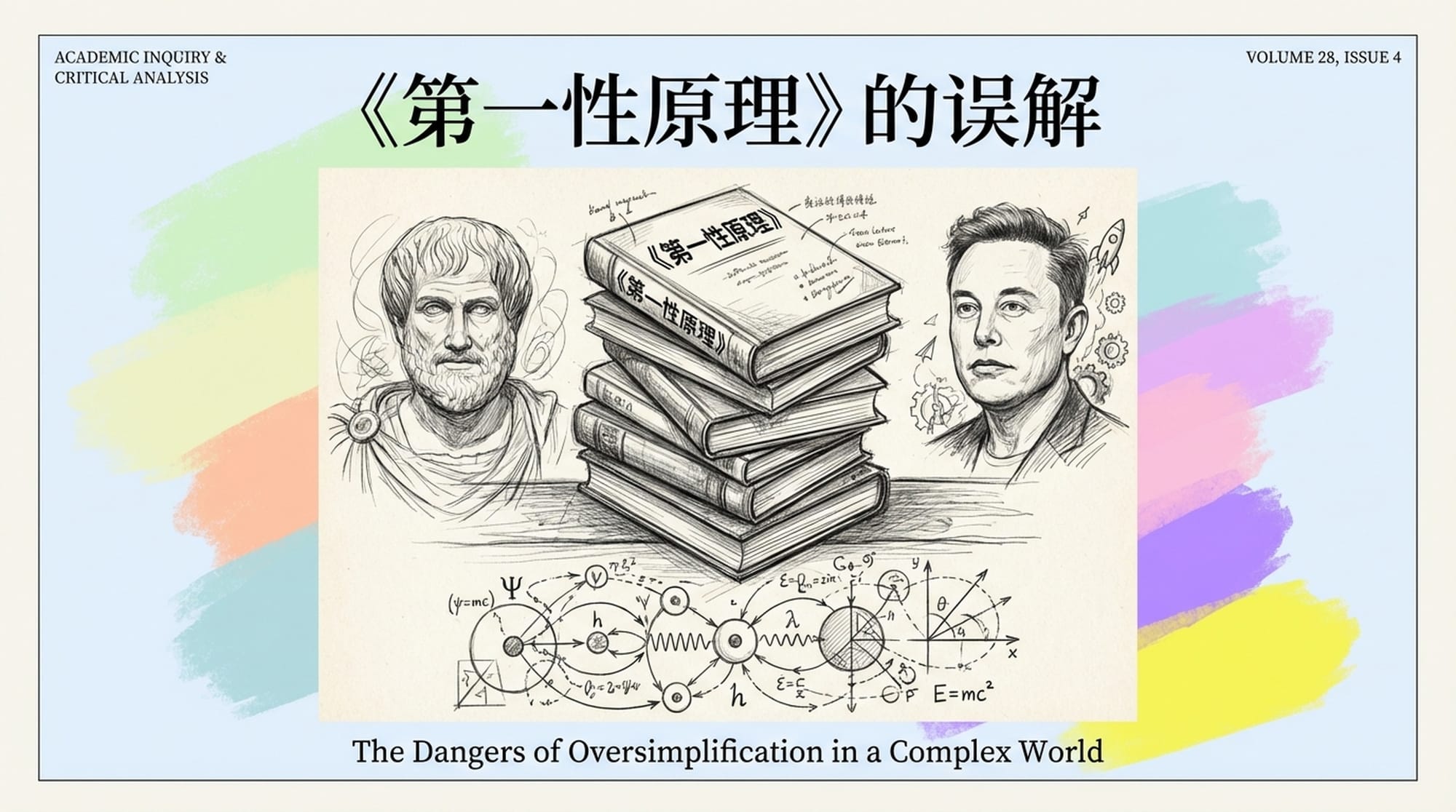 《第一性原理》书籍封面，旁边是亚里士多德和马斯克的抽象肖像，以及量子力学的复杂公式图谱。整体呈现一种深奥而令人望而却步的氛围。