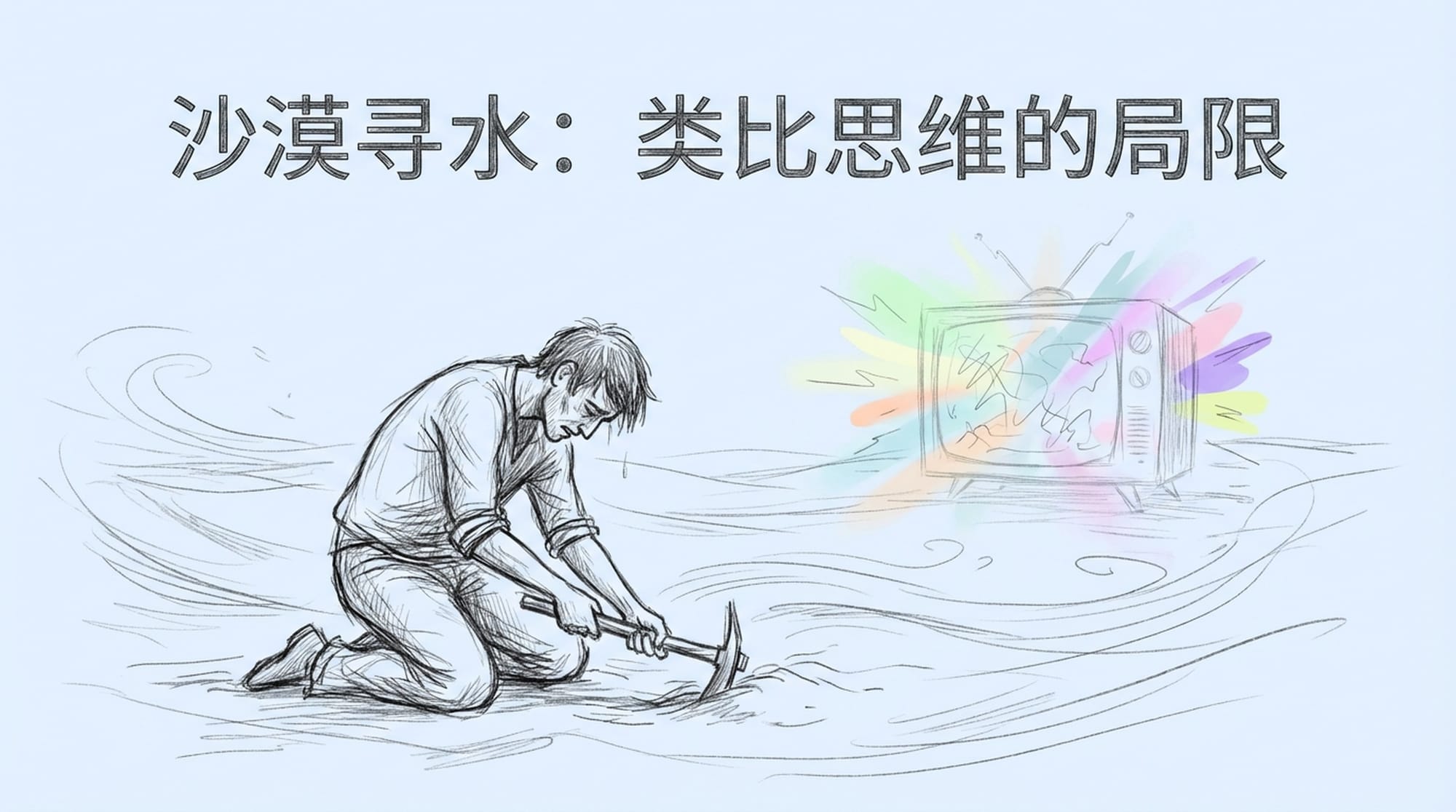 一个人在广阔的沙漠中徒劳地挖沙子，面露疲惫和绝望，旁边有模糊的电视屏幕闪烁着“求生节目”的画面。色调枯黄。