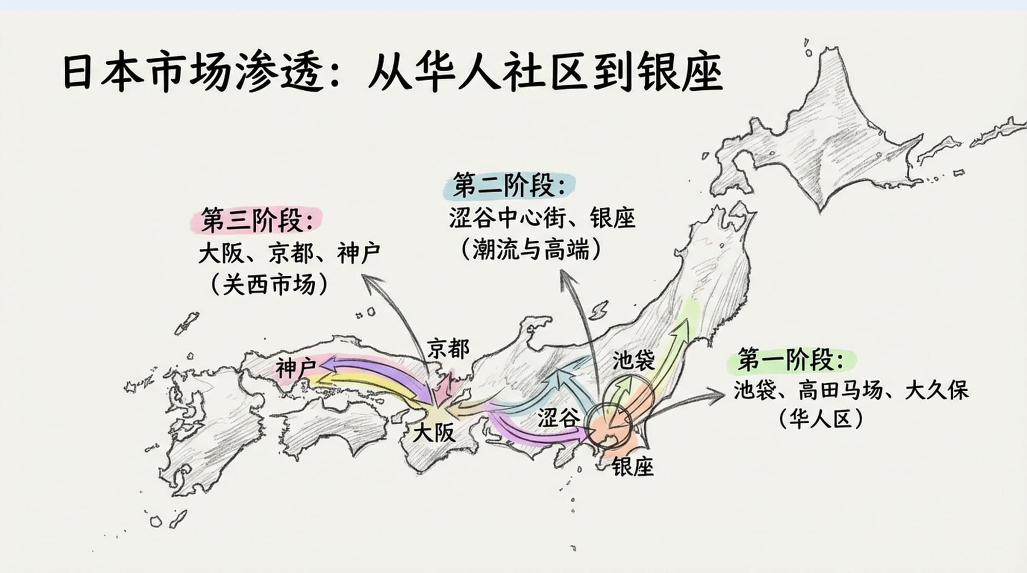 Travel journey map with key Japanese cities marked: Ikebukuro, Shibuya, Ginza, Osaka, Kyoto. A path showing progression from concentrated华人区 to broader Japanese areas. (Chinese)