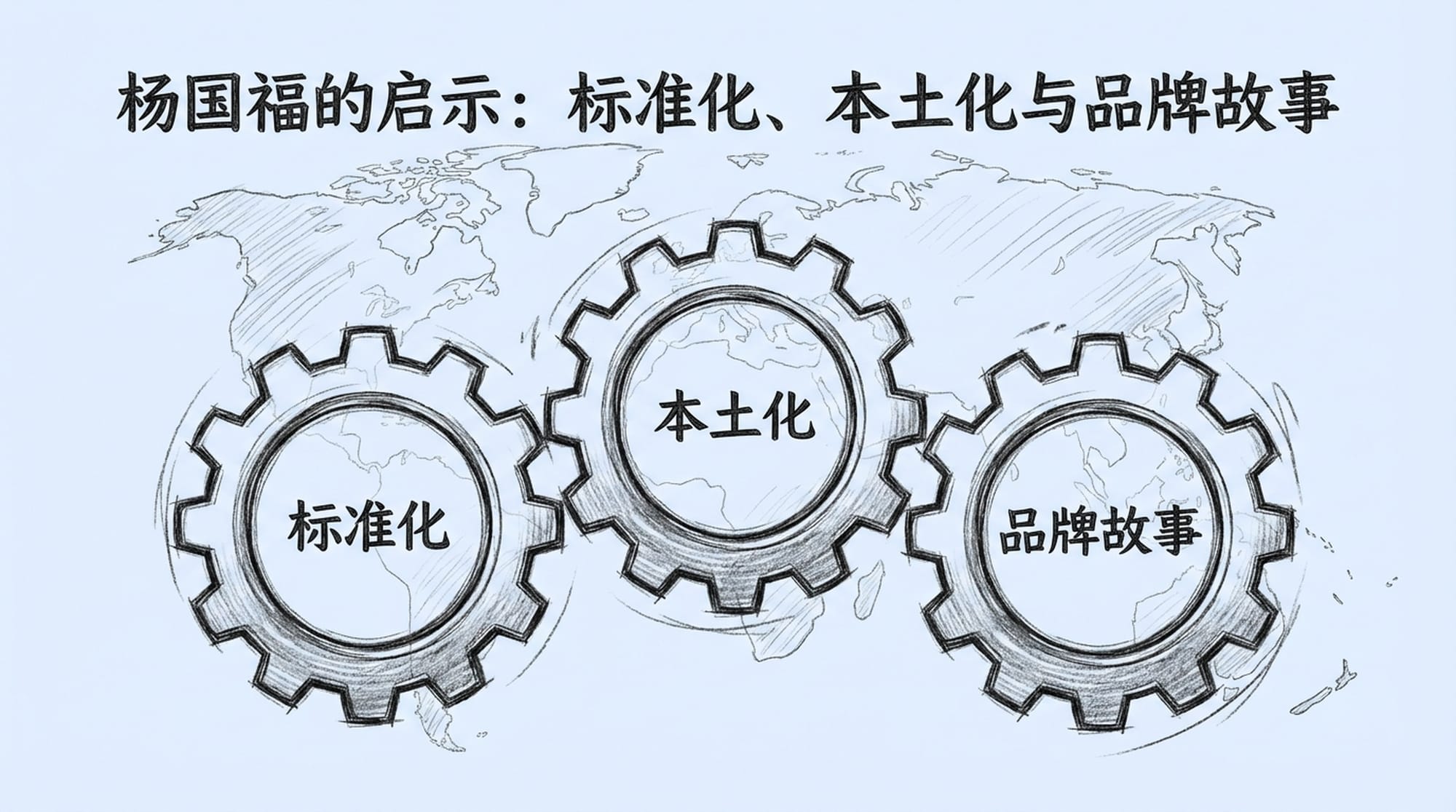 Three interlocking gears representing 'Standardization', 'Localization', and 'Brand Story', each glowing with energy. A subtle background of a global map. (Chinese)