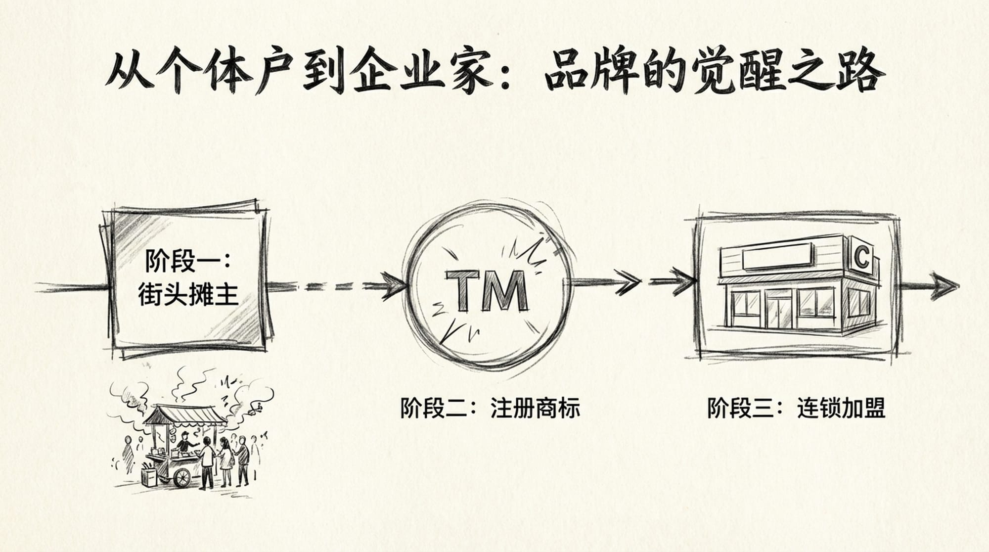 Timeline visual. First point: a small, chaotic street stall; second point: a trademark symbol glowing, representing registration; third point: a chain store facade. (Chinese)