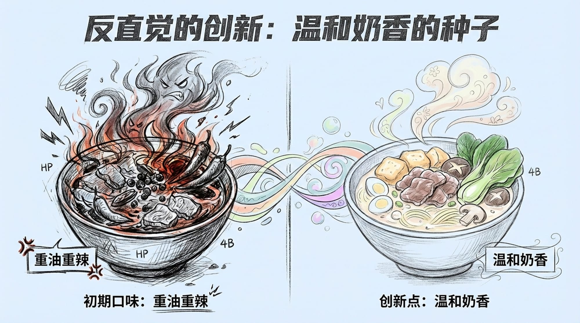 Split screen: Left, a traditional fiery, oily麻辣烫 bowl. Right, a creamy, inviting bowl of麻辣烫 with fresh ingredients, soft glow. A subtle conceptual bridge. (Chinese)