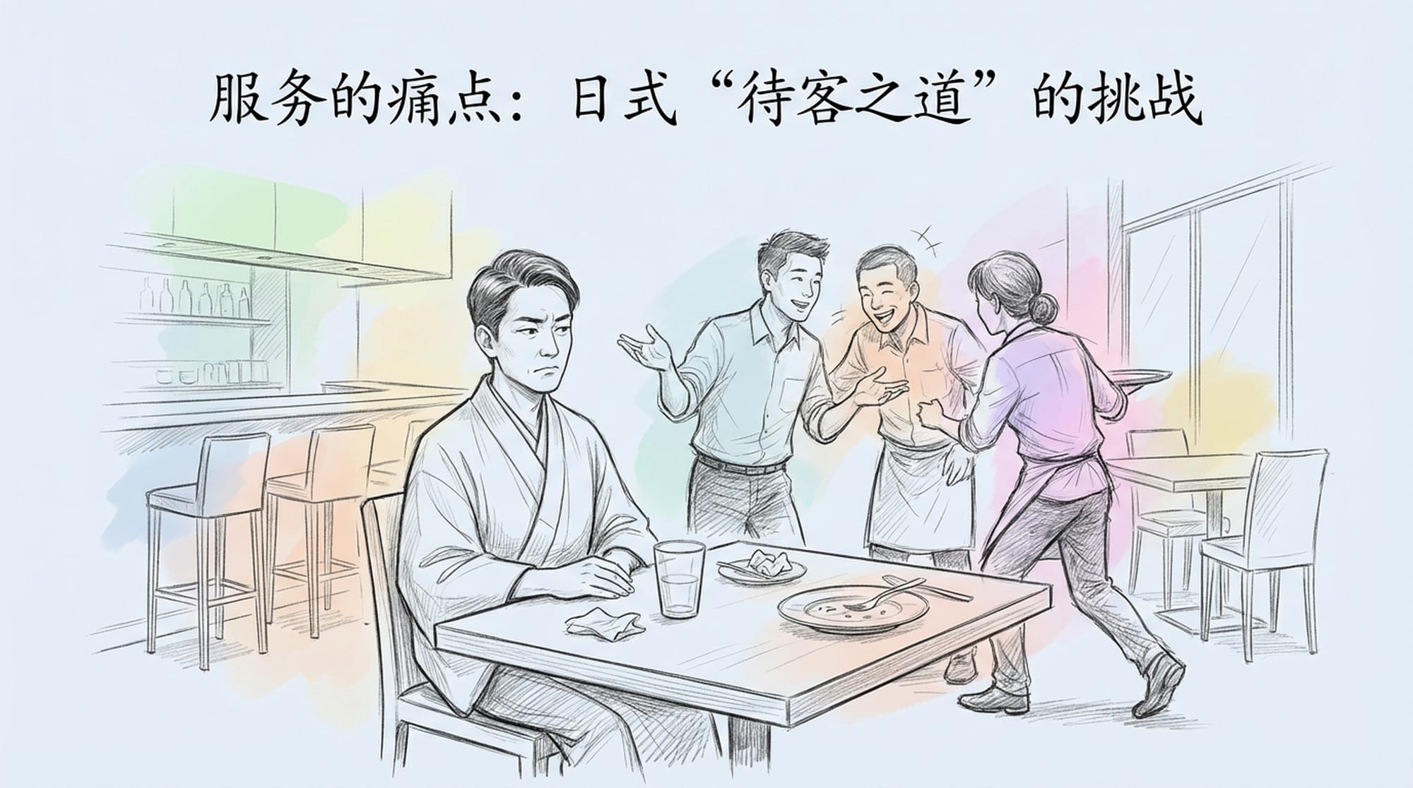 A Japanese customer in a clean, modern restaurant setting, looking slightly disapprovingly at staff speaking animatedly in Chinese, neglecting table service. Subtle visual cues of 'Omotenashi' missing. (Chinese)