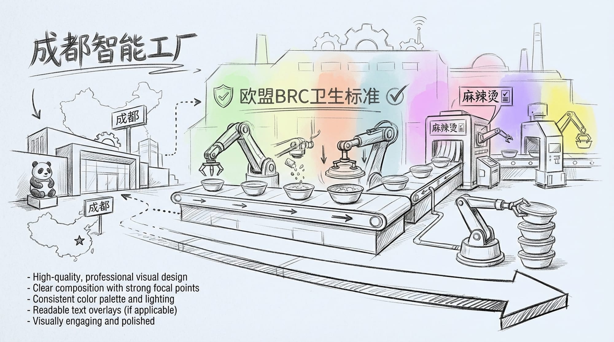 Futuristic, clean interior of a smart factory in Chengdu. Robotic arms, gleaming stainless steel, packaged spice bases moving along a conveyor belt. Text: '成都智能工厂' & '欧盟BRC卫生标准'. (Chinese)