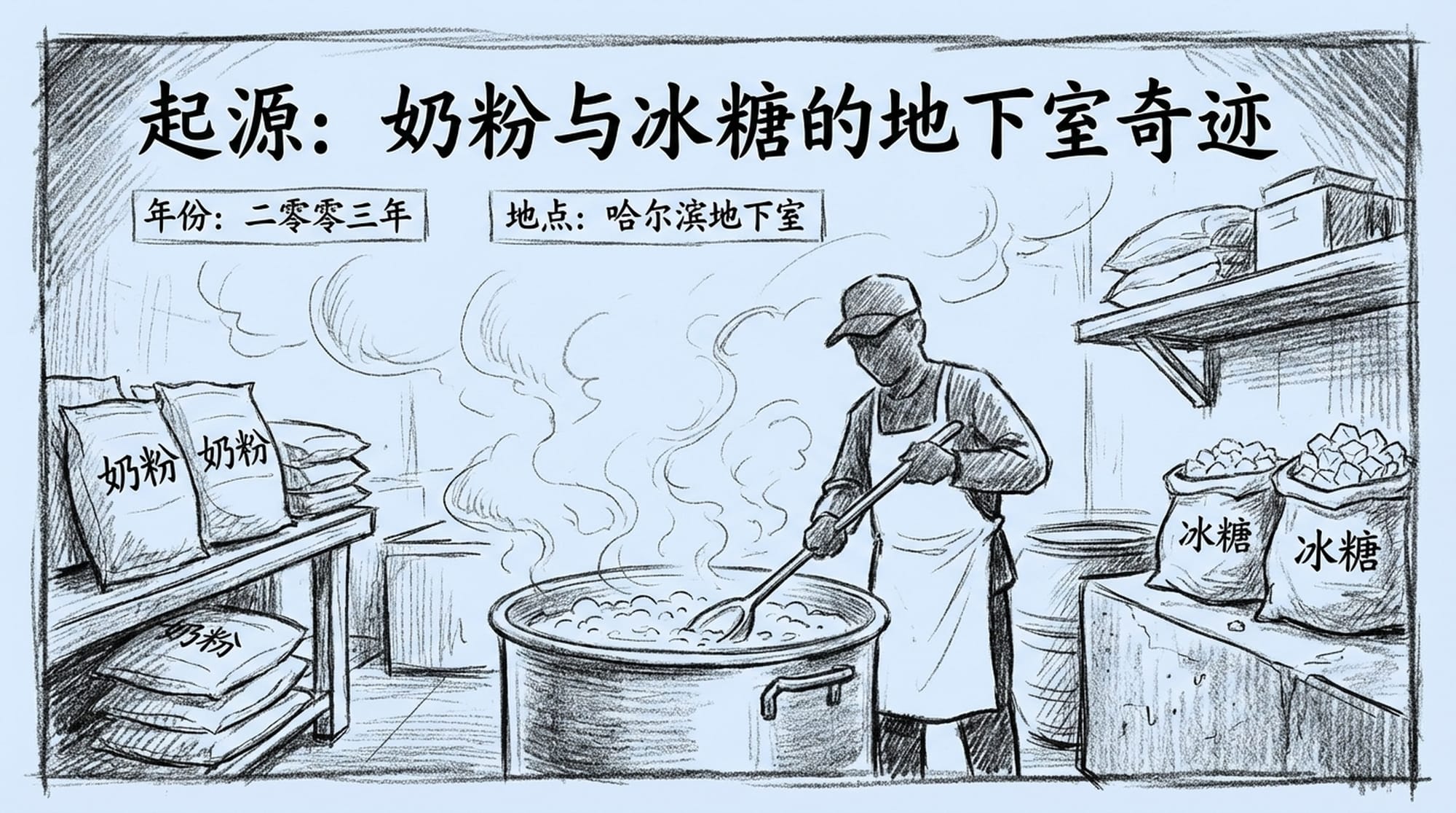 Sepia-toned image of a dimly lit basement kitchen in 2003, steam rising from a large pot. A figure reminiscent of Yang Guofu stirring a pot, humble ingredients like milk powder and rock sugar visible.