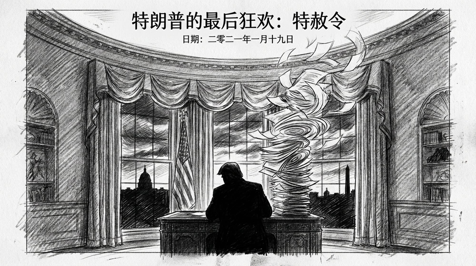 白宫椭圆形办公室，特朗普总统签署文件的剪影，大量文件堆积如山，背景是即将日落的华盛顿天际线，象征任期的终结。