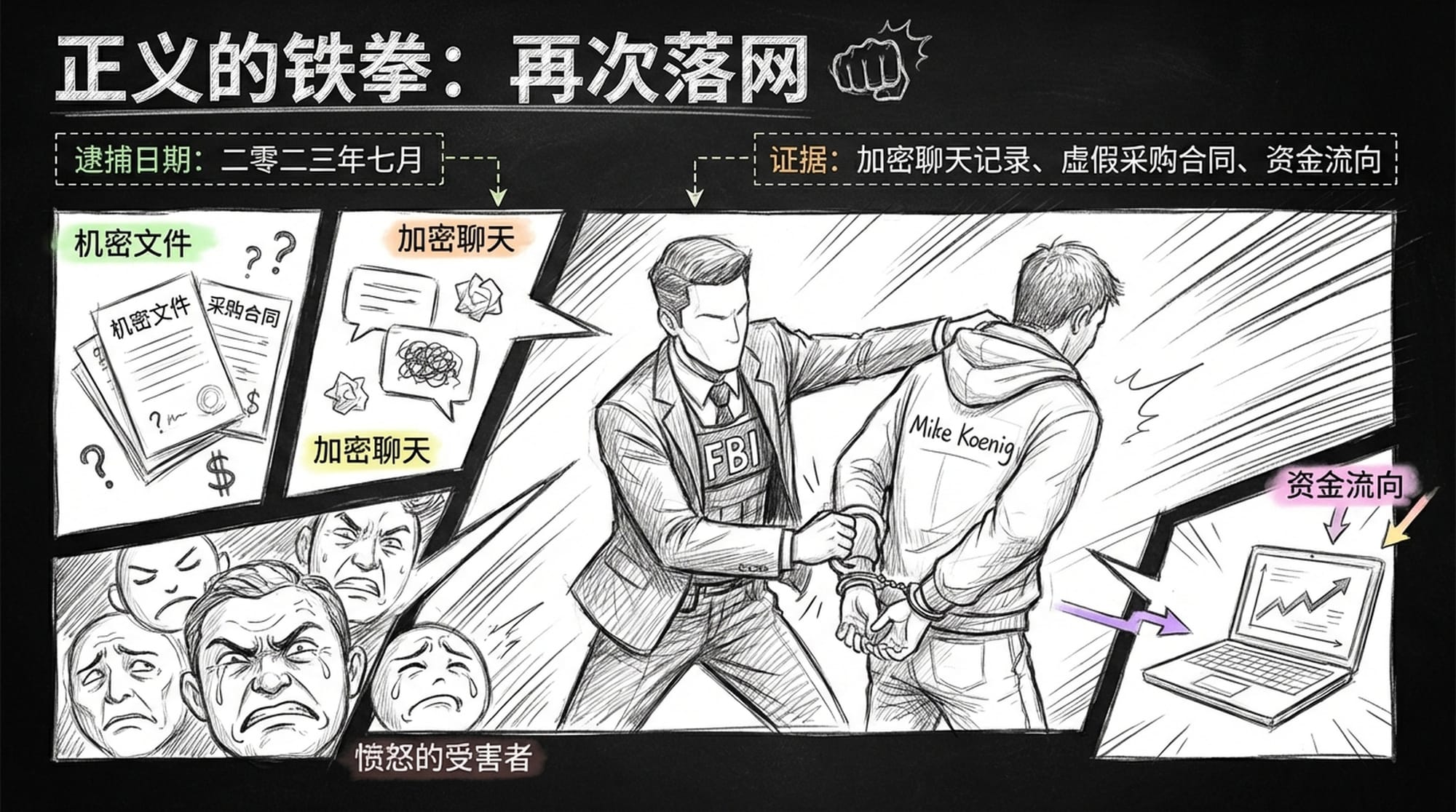 FBI的探员破门而入，温斯坦（迈克·科尼格）被戴上手铐，旁边是堆积如山的加密聊天记录和虚假合同，背景是愤怒的受害者脸庞。