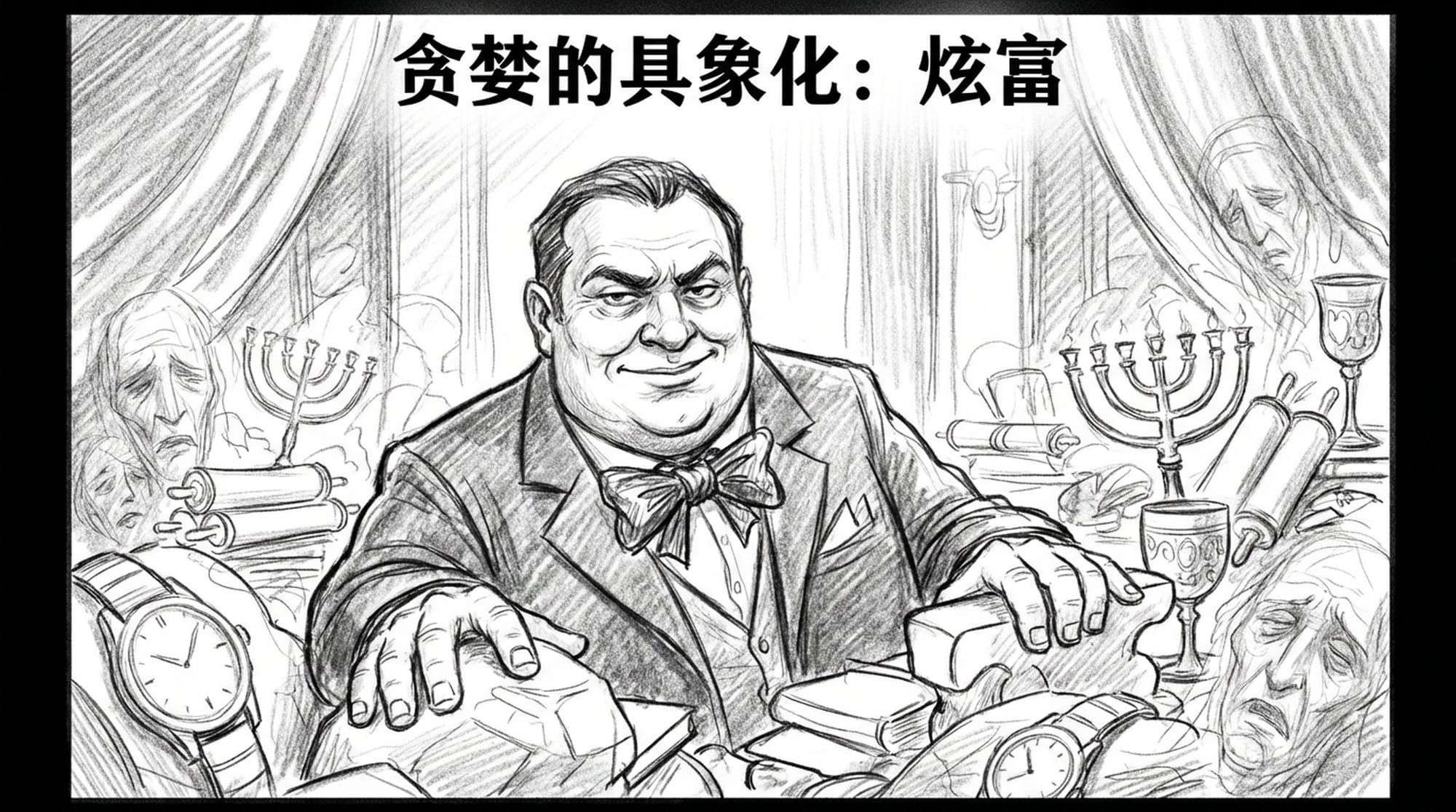 奢华的房间，堆满了价值数百万美元的犹太教文物和各种名表，温斯坦坐在中央，脸上挂着满足而邪恶的笑容，周围是痛苦的受害者面孔。