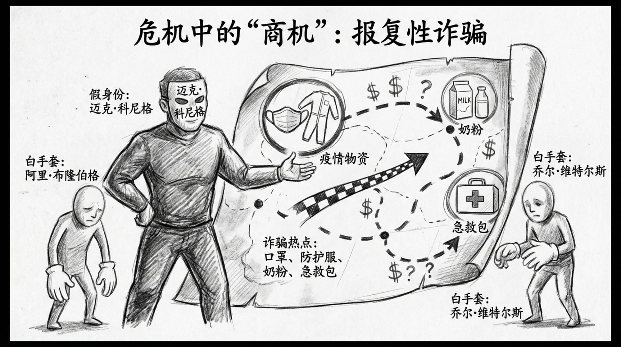 温斯坦戴着“迈克·科尼格”的面具，站在地图前，地图上标注着疫情物资、奶粉和急救包，他旁边有两个“白手套”傀儡。