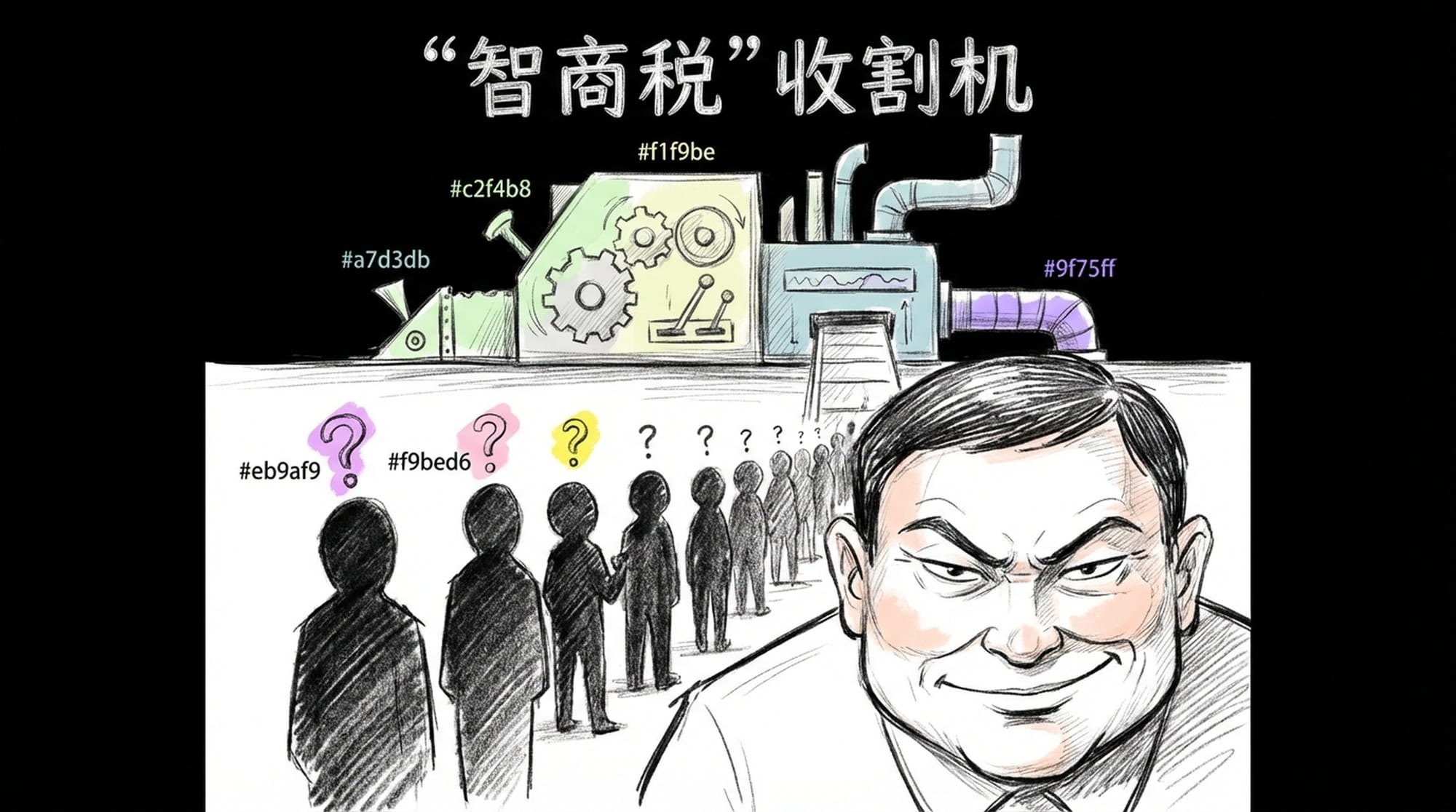 智商税收割机，下方是排队等待的普通民众。