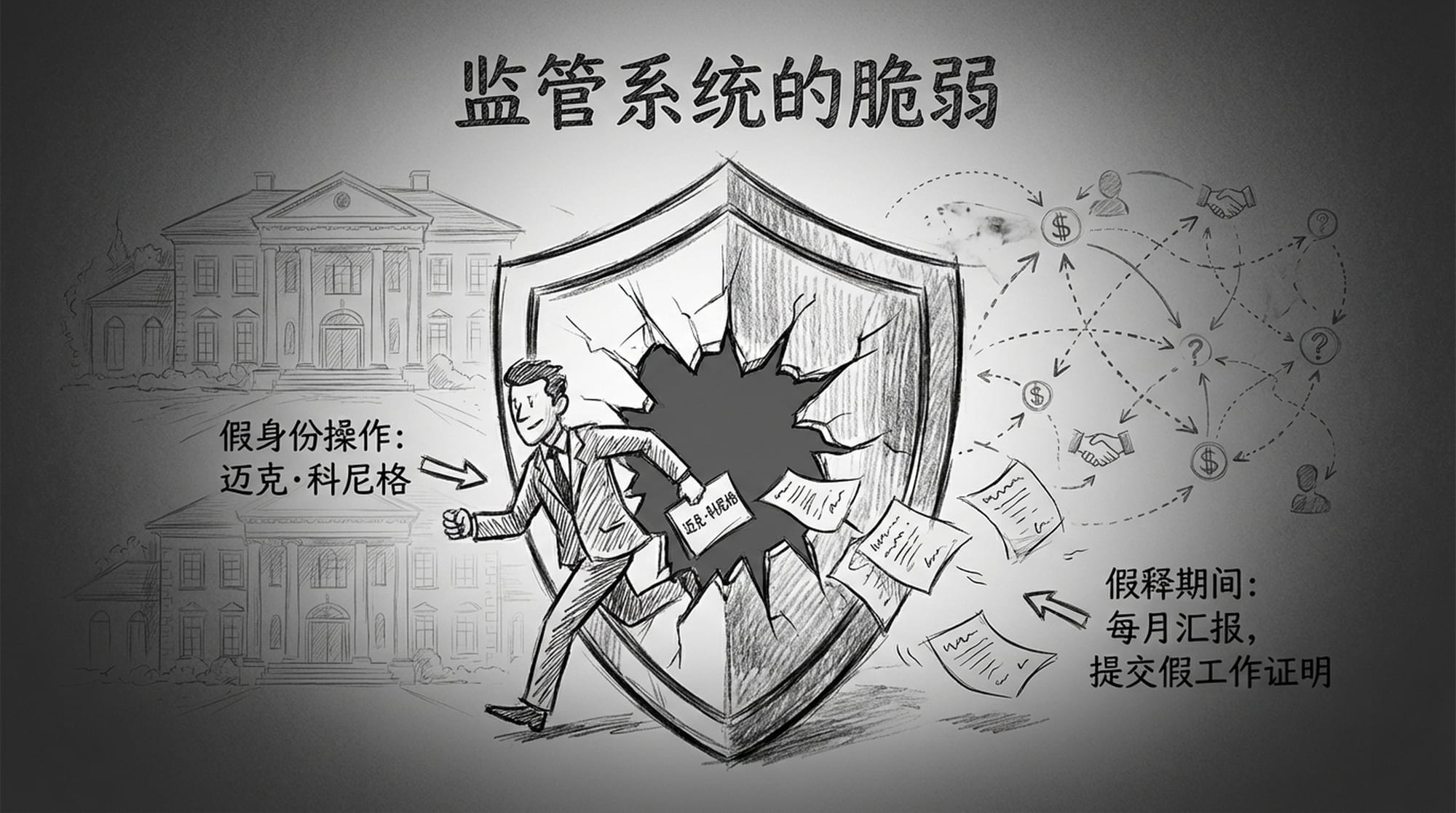 一个巨大的窟窿出现在监管系统的盾牌上，温斯坦从中穿过，留下假的工作证明，背景是豪宅和诈骗网络的模糊剪影。