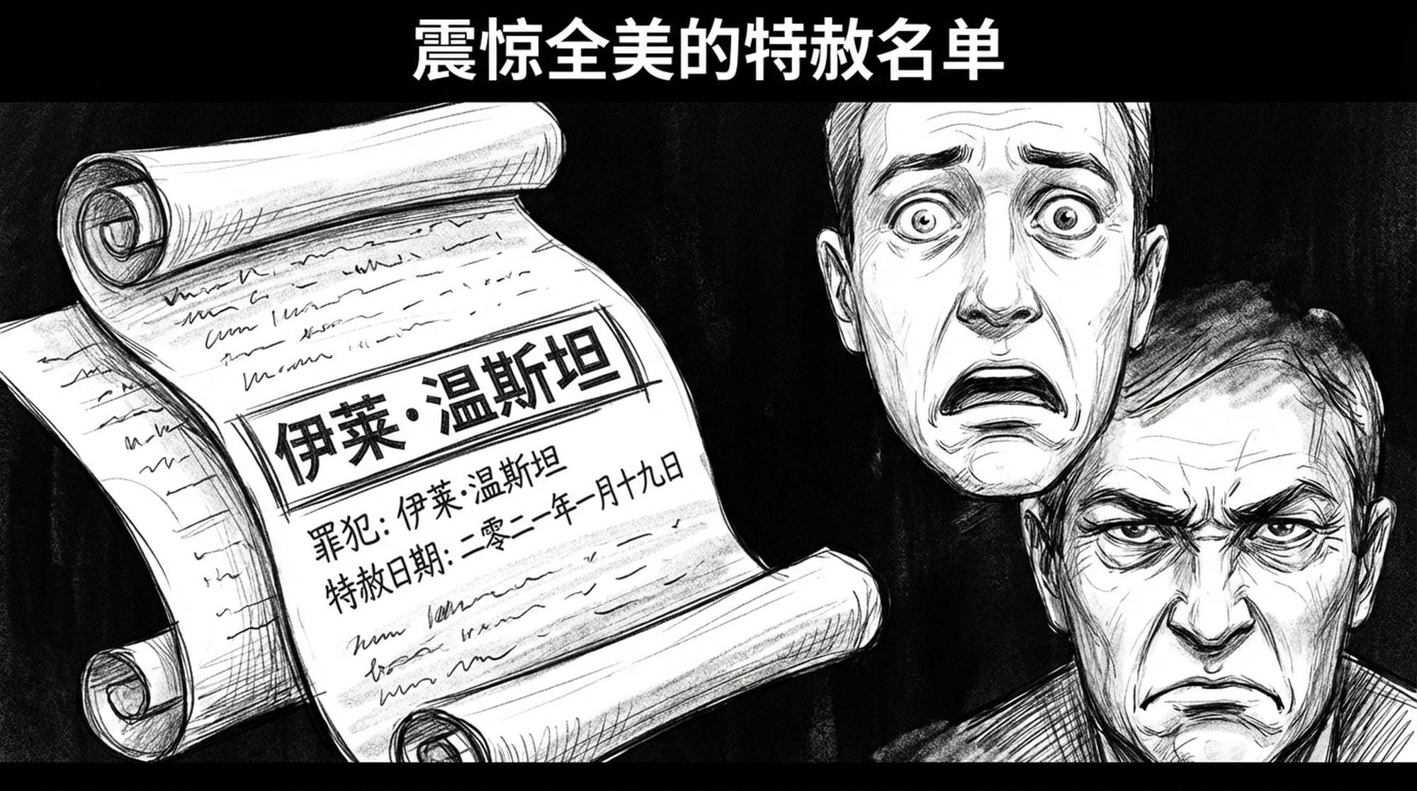 一张铺满特赦名单的卷轴，其中一个名字“伊莱·温斯坦”被放大并发出微光，周围是联邦检察官和受害者惊愕、愤怒的脸部特写，强烈对比。