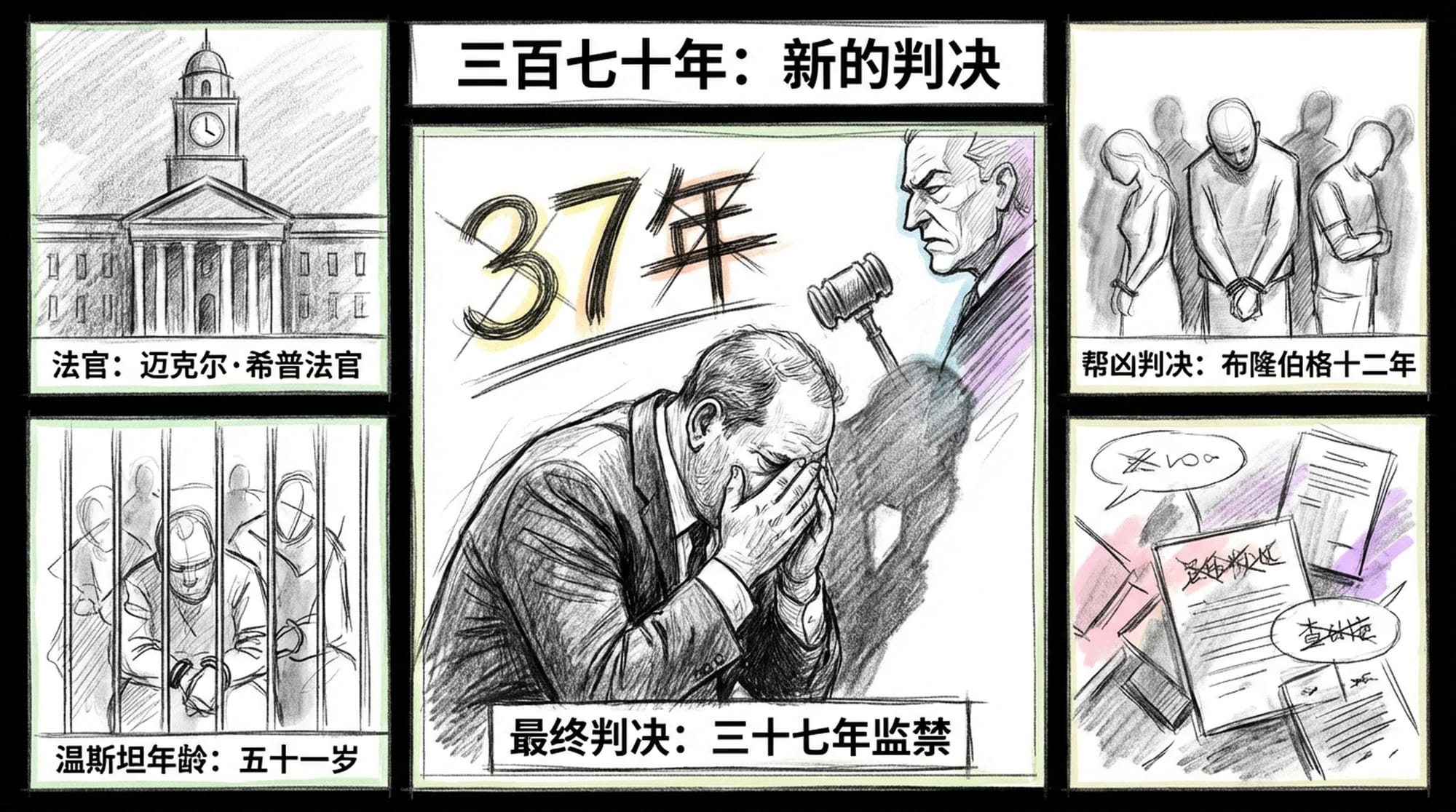 温斯坦被判决，巨大的数字“37年”笼罩着他，他绝望地低着头，法官的脸投射出冷酷的光芒，周围是其他帮凶被判刑的画面。
